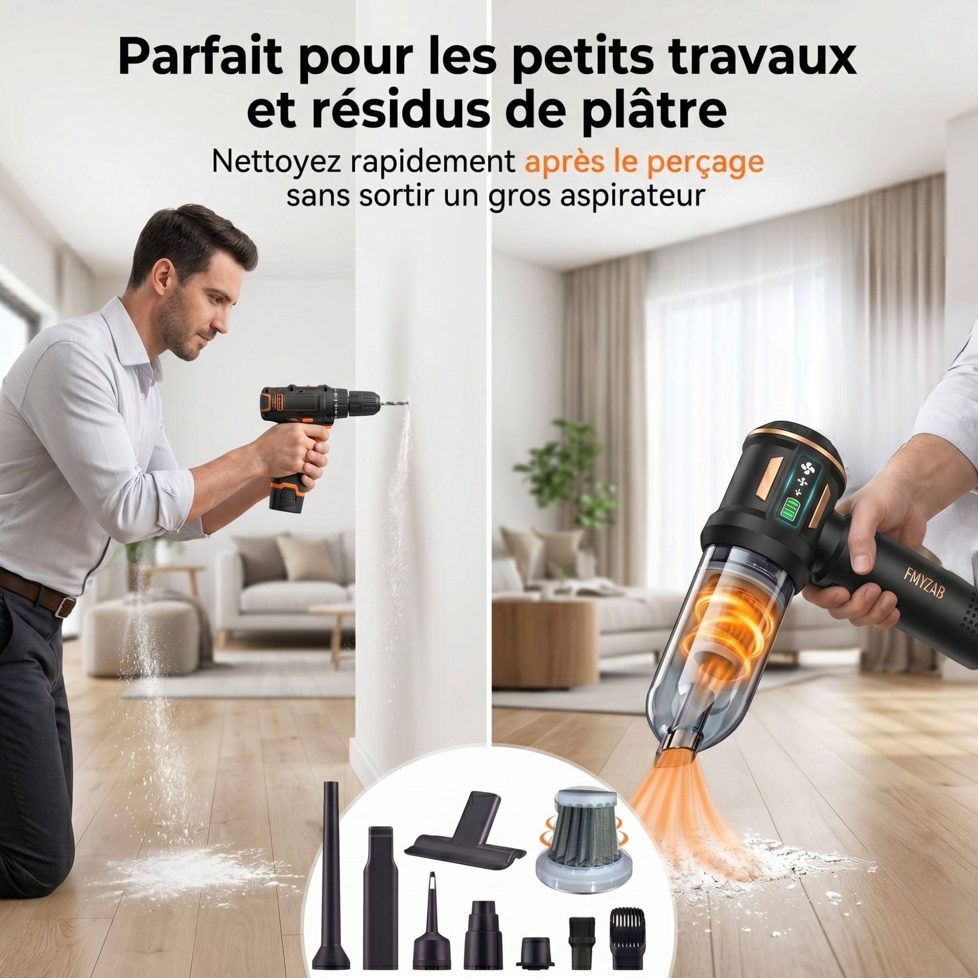 Aspirateur à Main sans Fil 20000 PA - Aspirateur de Table & Voiture Puissant 4-en-1, Mini Aspirateur 3 Vitesses pour Maison, Bureau, PC, Camping-Car - Ultra Puissant & Léger - Kit Complet