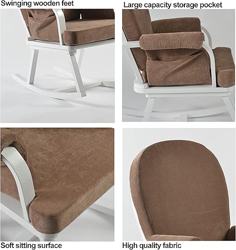 Miniatura 4 de JARKUZ Mecedora para guardería, moderna silla mecedora de madera con cojín y bolsillos, de espuma de alta densidad moderna para lactancia y