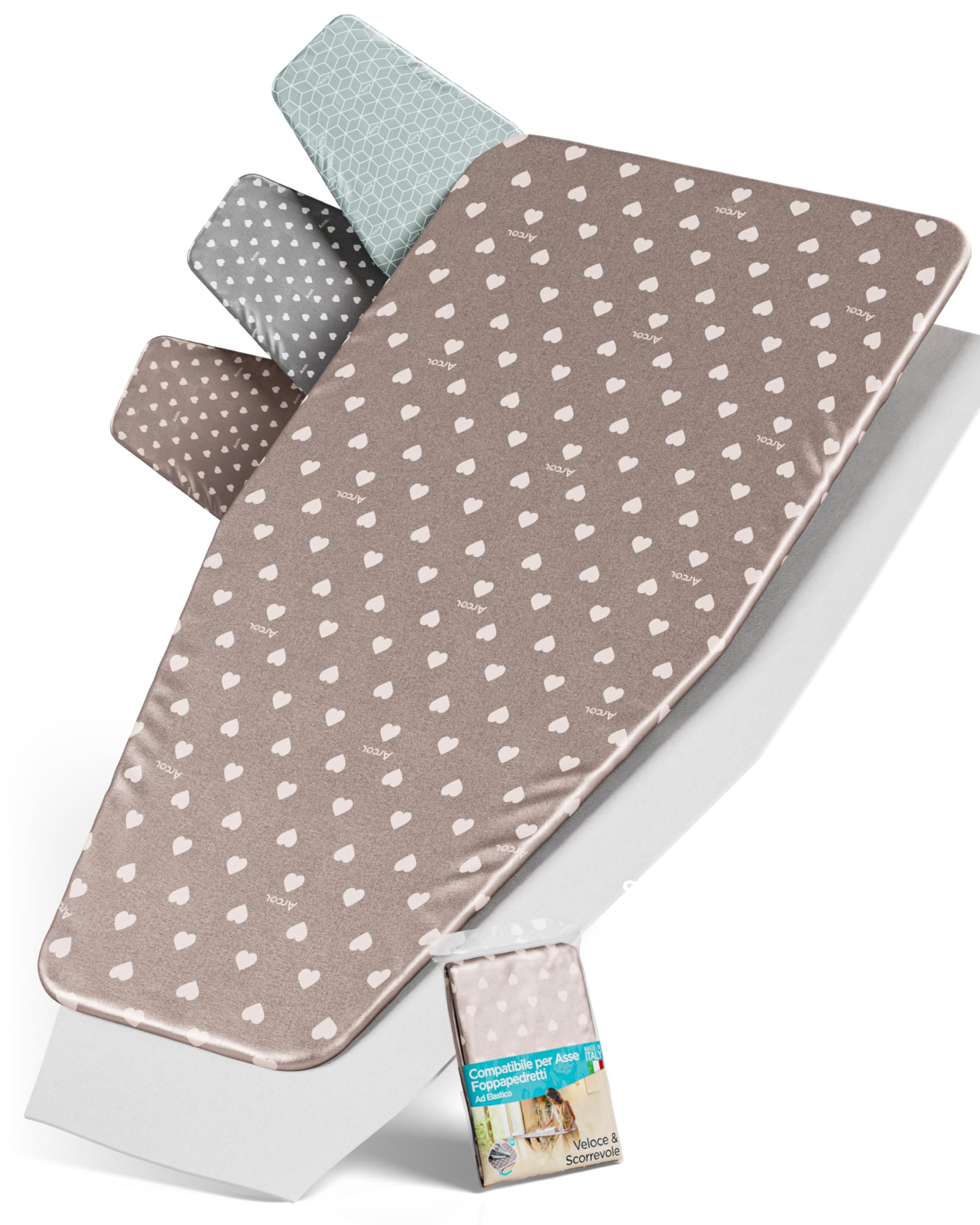 ARCOL Elastic Cover with Spring Clip Replacement Compatible for Foppapedretti Ironing Board, Made in Italy, 100% Cotton Ironing Board Cover (Beige White Hearts)-image-41