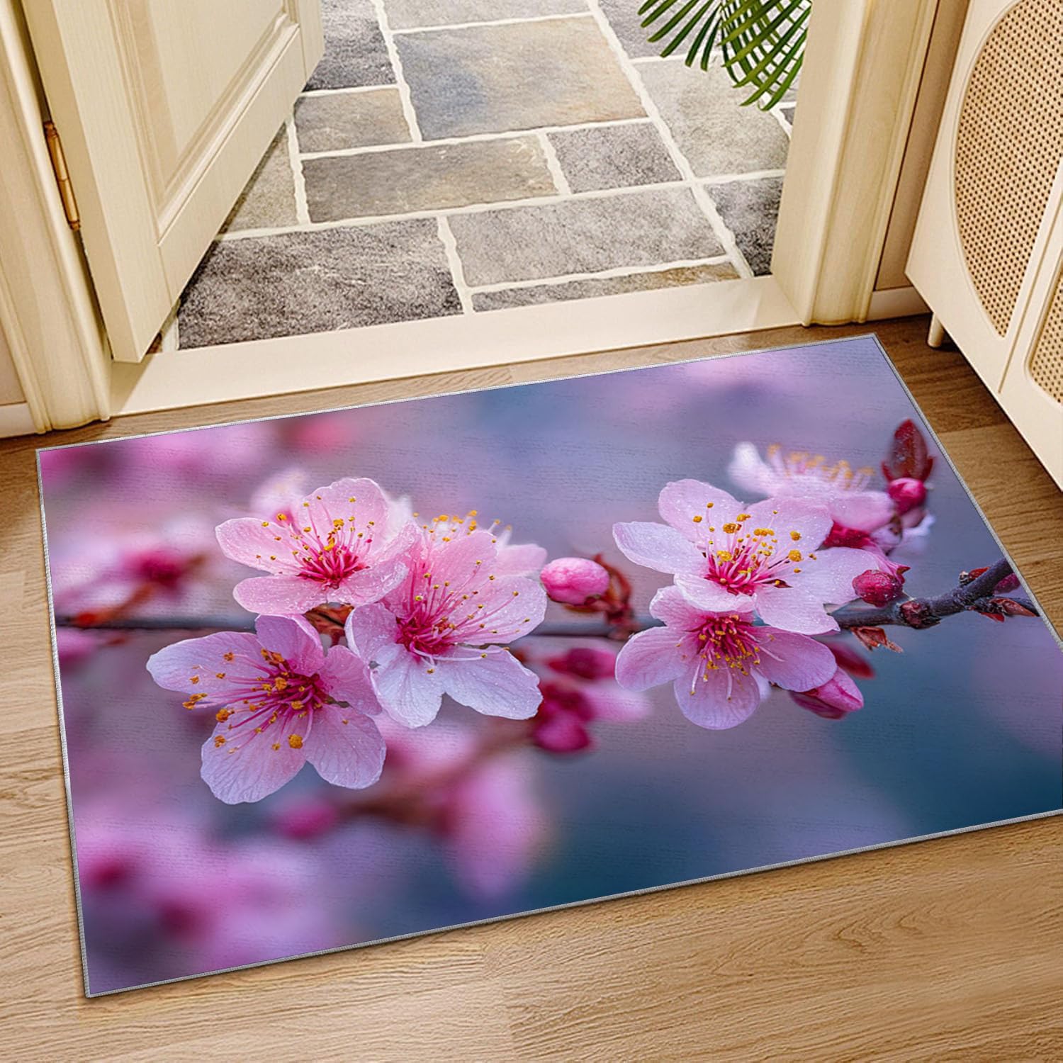 Tapis de Salon Imprimé Coloré Branche de pêche en Poudre pour Salon, Chambre, Bureau(Rose pâle)-90x120cm