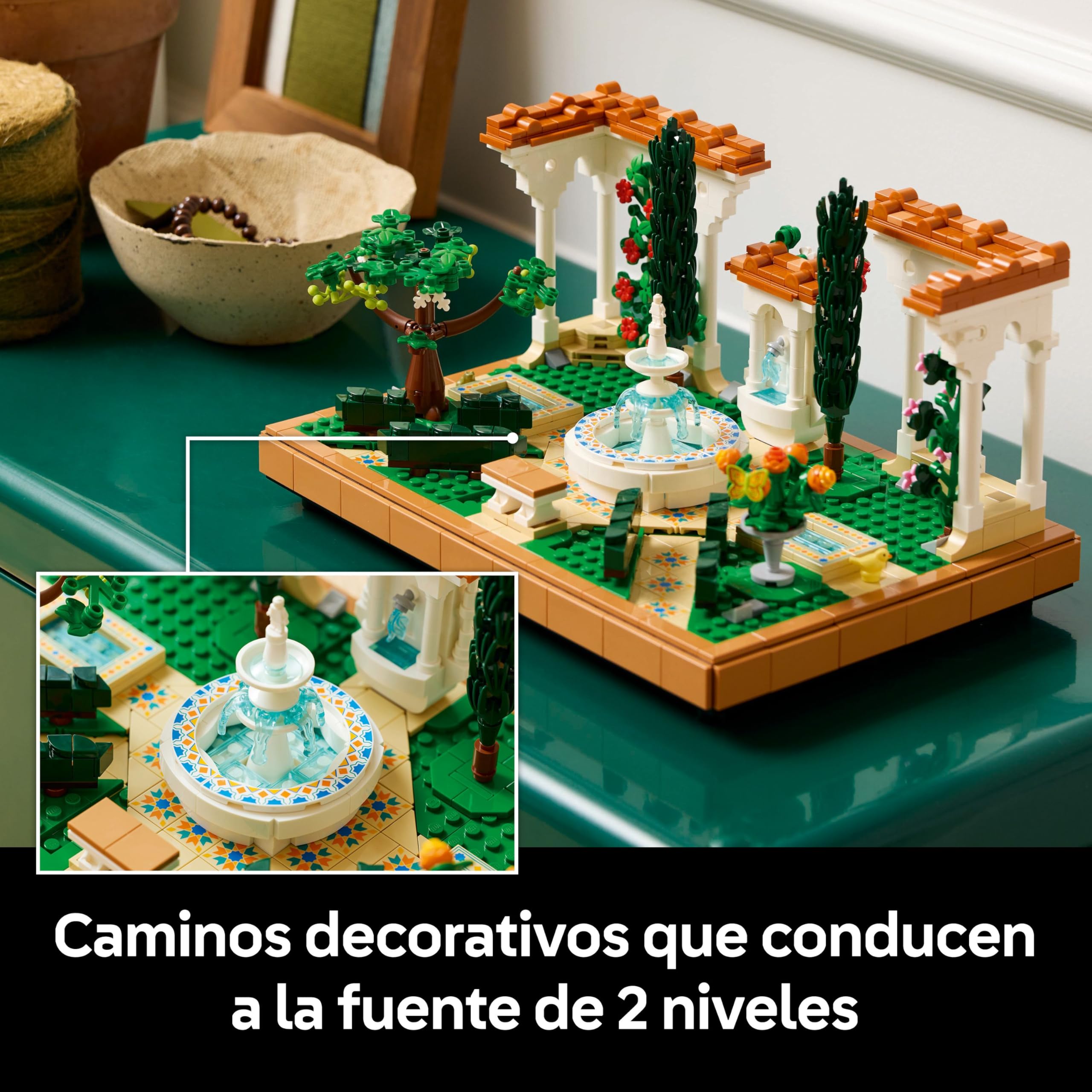 LEGO Icons Jardín con Fuente Maqueta para Adultos con Plantas y Flores Artificiales: Caléndula, Buganvilla, Geranio, Decoración para el Hogar, Figura de Pájaro, Regalo para Mujeres y Hombres 10359