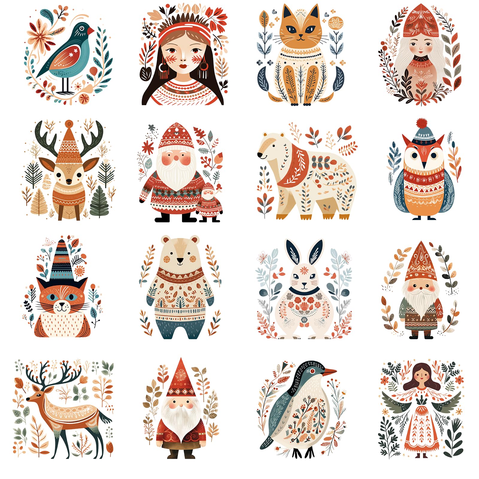 Rub on Transfers for Crafts,16 Sheets 3 x 3 Inch Watercolour Scandinavian Folk Art Transfer Stickers for DIY Mug Thermos Cup(Winter)