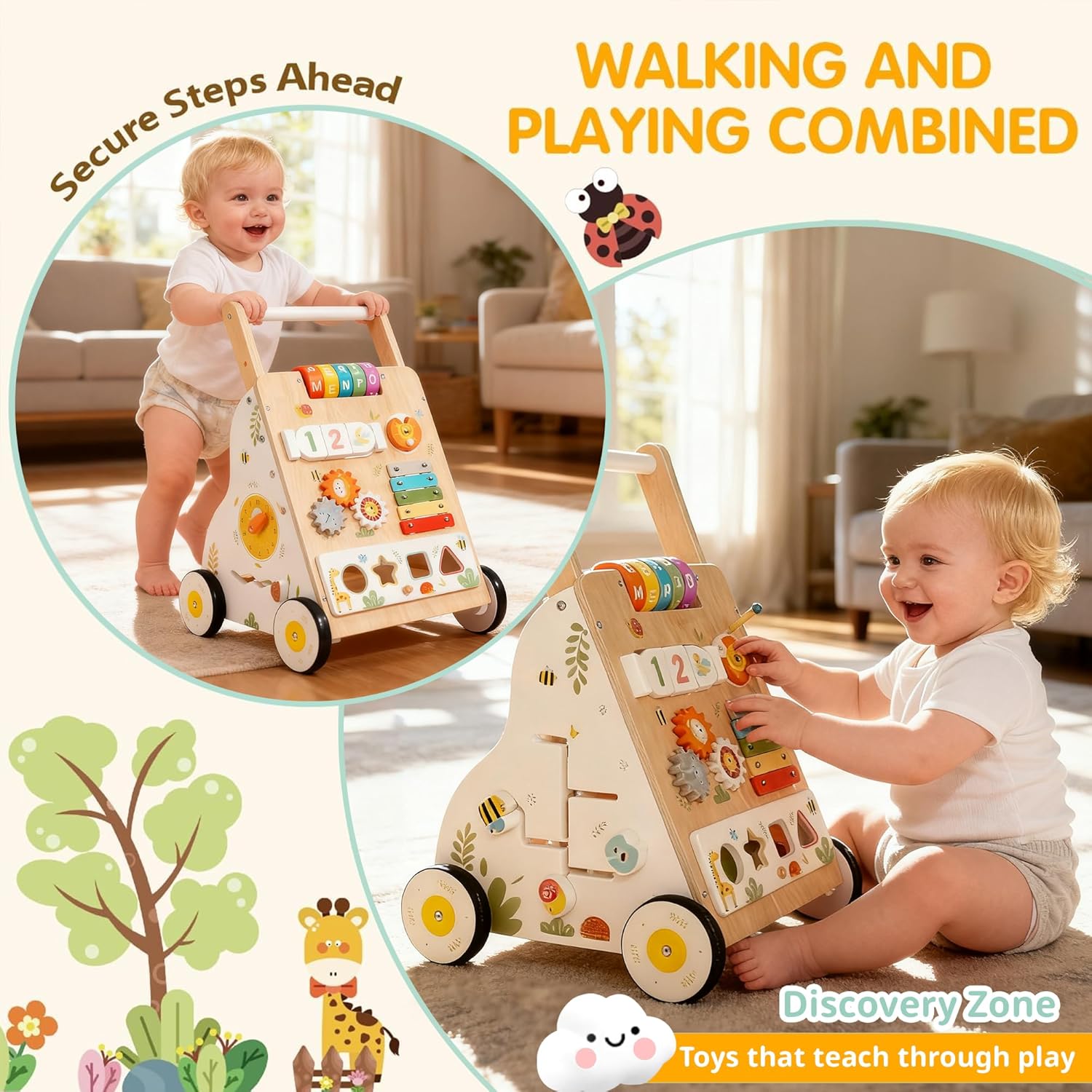 Wooden Baby Walker with Wheels, Baby Push Walker Adjustable Speed for Boys and Girls,Montessori Activity Center Walking Toys for 1 Year Old Learning to Walk,First Birthday Gift - Image 8