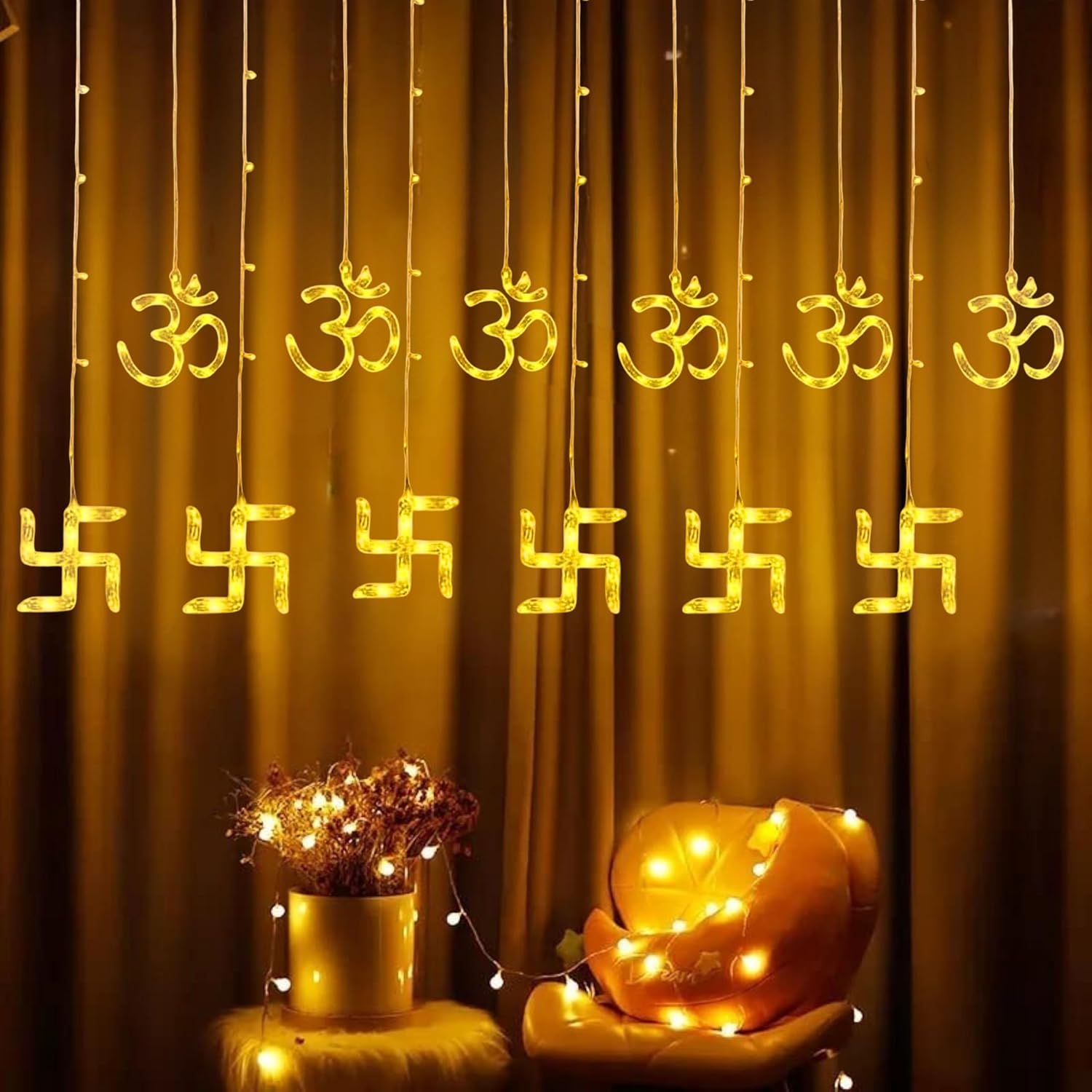Gesto 8 Feet Swastik Om Curtain Lights – Warm White Fairy Lights with 8 Flashing Modes | AC Powered Lights for Home,Balcony,Mandir, Pooja Room,Diwali Decoration & Festival Decor (6 Swastik,6 Om) Gesto 8 Feet Swastik Om Curtain Lights – Warm White Fairy Lights with 8 Flashing Modes | AC Powered Lights for Home,Balcony,Mandir, Pooja Room,Diwali Decoration & Festival Decor (6 Swastik,6 Om)