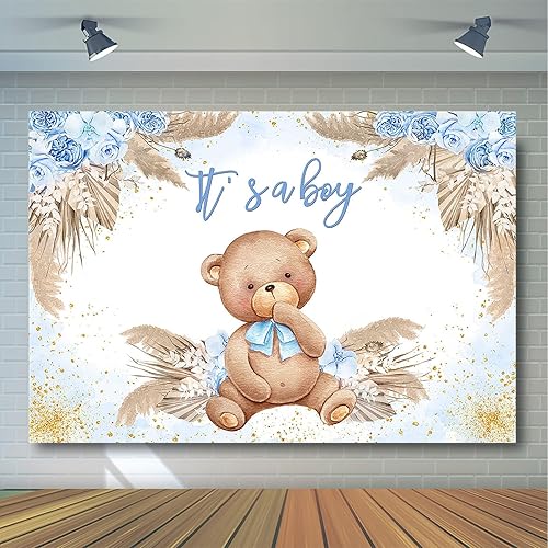 Miniatura 4 de Avezano Fondo de baby shower de oso bohemio para decoración de fiesta de niños, hierba de pampas azul, fondo de fotografía de baby shower, oso