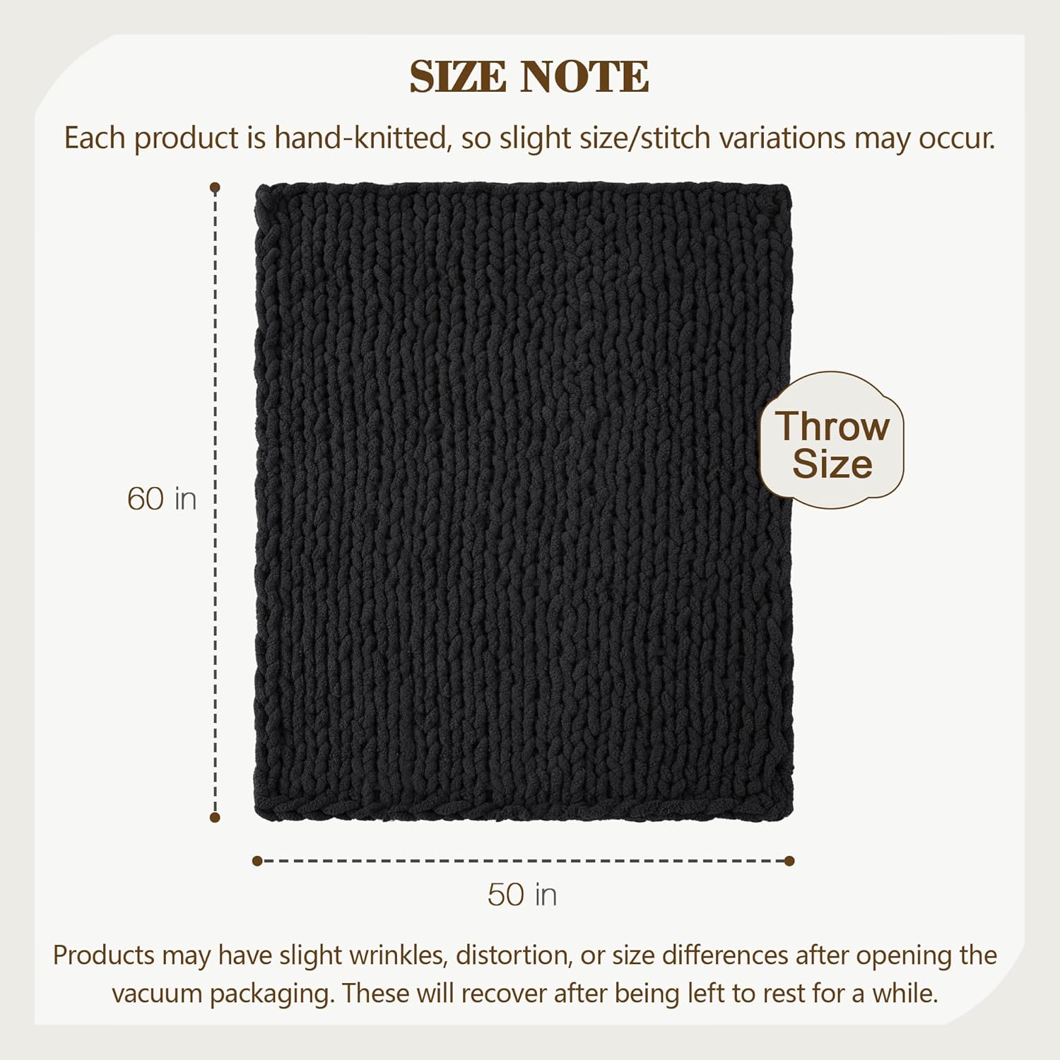 Carriediosa Chunky Knit Throw Blanket 50" X 60", 100% Hand Made Large Chenille Loop Yarn Soft Fluffy Throws for Couch Sofa Bed, Big Crochet Cozy Heavy Thick Cable Woven Blankets, Black - Image 3