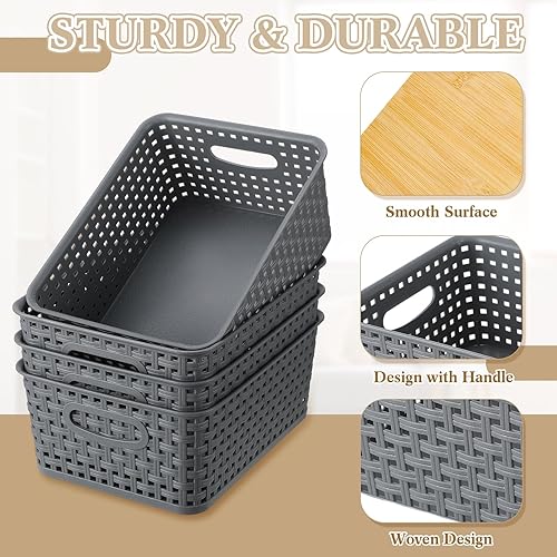 Miniatura 3 de Barydat Paquete de 8 cestas de almacenamiento de plástico con tapa de bambú, contenedores de almacenamiento con tapa para estantes, cajones,