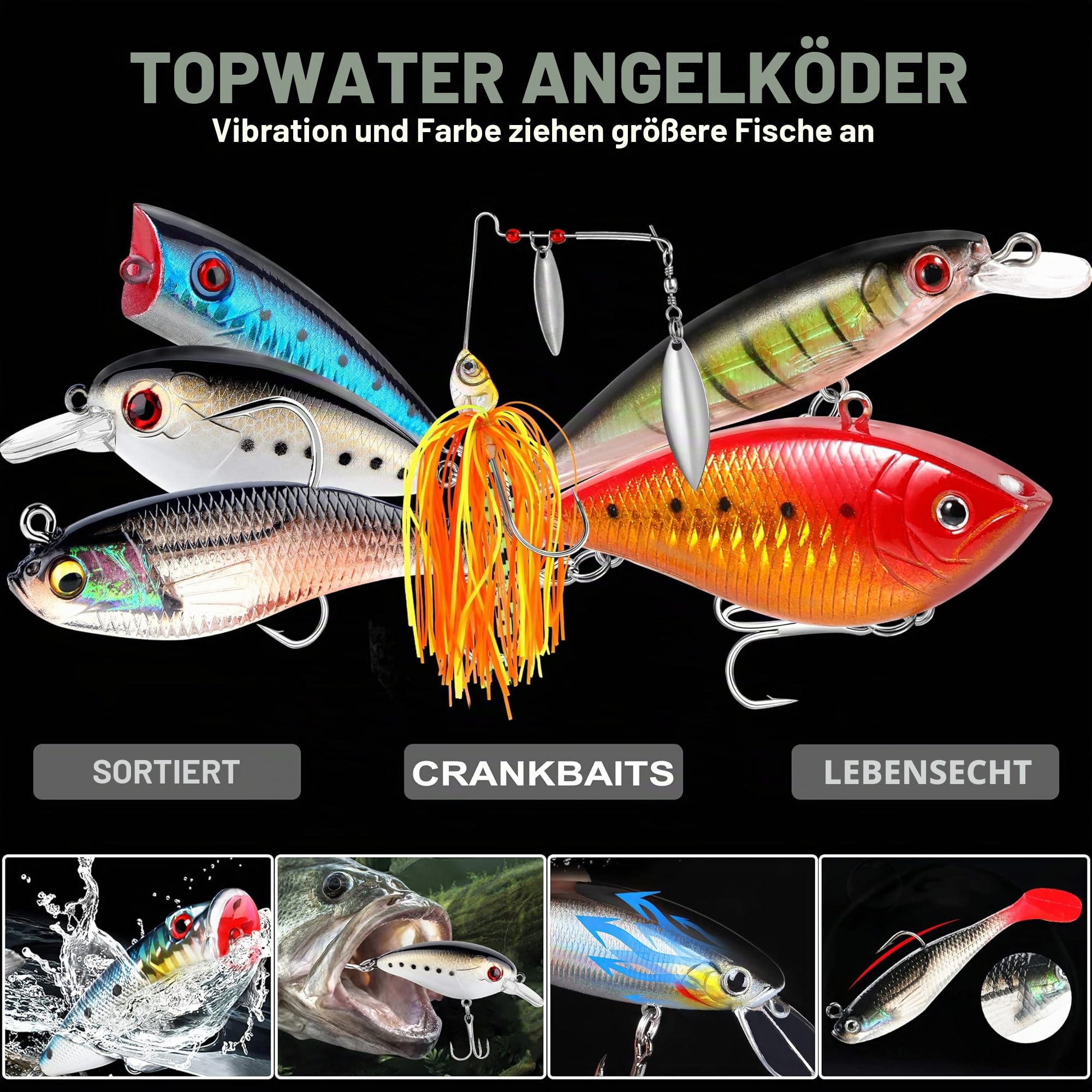 PLUSINNO Angelköder für Barsch, 16 Spinnerköder mit tragbarer Tragetasche, Barschköder, Forellenköder, Hartmetall-Spinnköder-Set