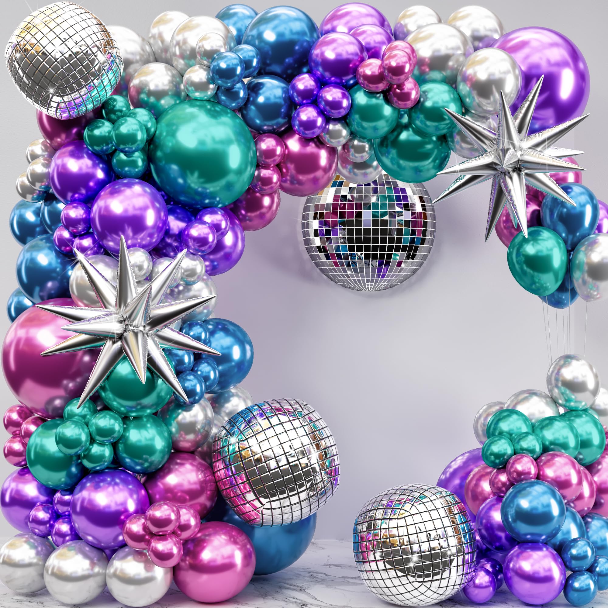 ALL-IN-1 Disco Balloon Arch Kit with BONUS Disco Balls & Starbursts for Disco Party Decorations - Metallic Balloon Arch Kit for 90s Theme Party