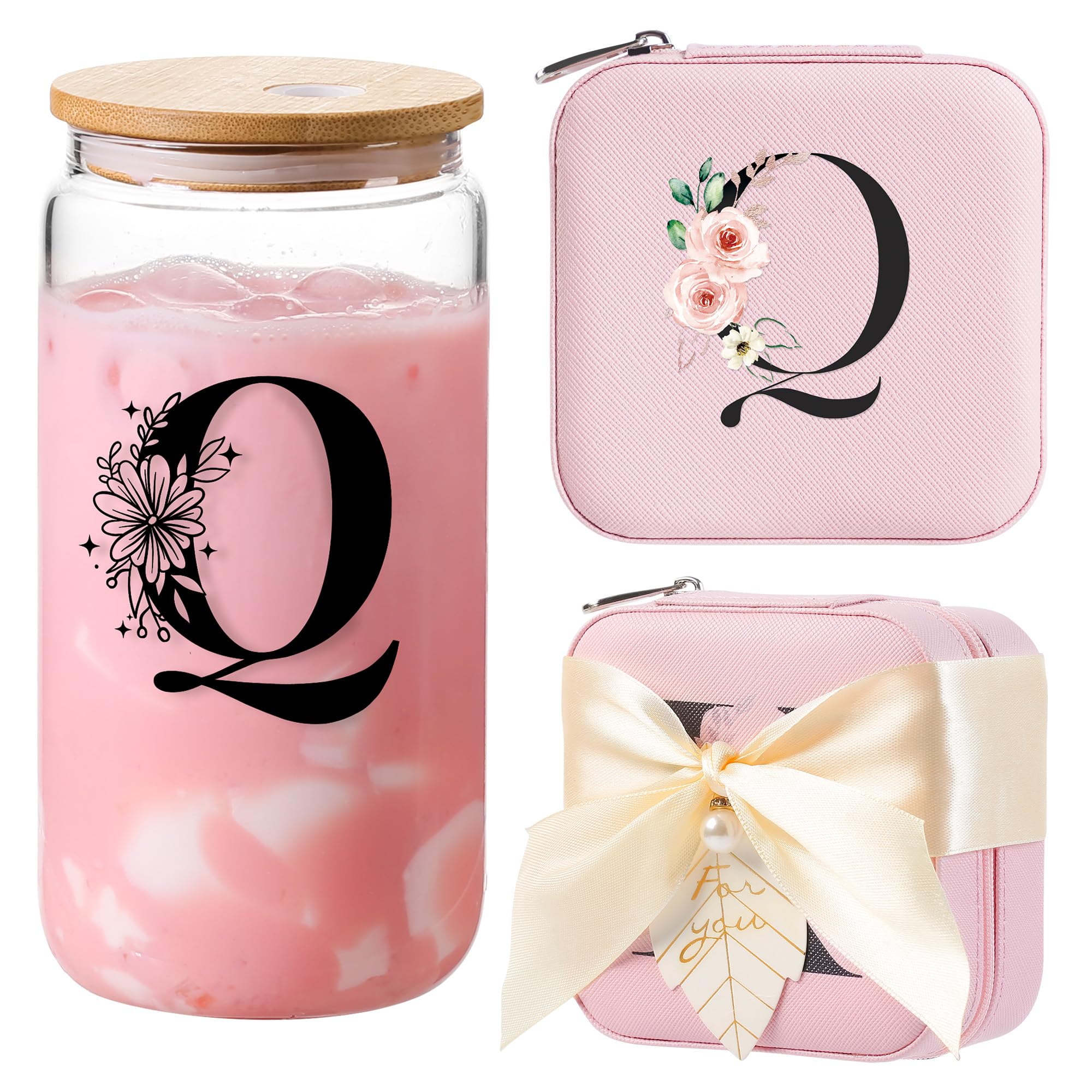 AYGXU personalized jewelry box,iced coffee glass,bridesmaid gifts,gifts for women,aesthetic cups,Travel Gifts for Teacher,best teacher appreciation gifts,Initial Q pink