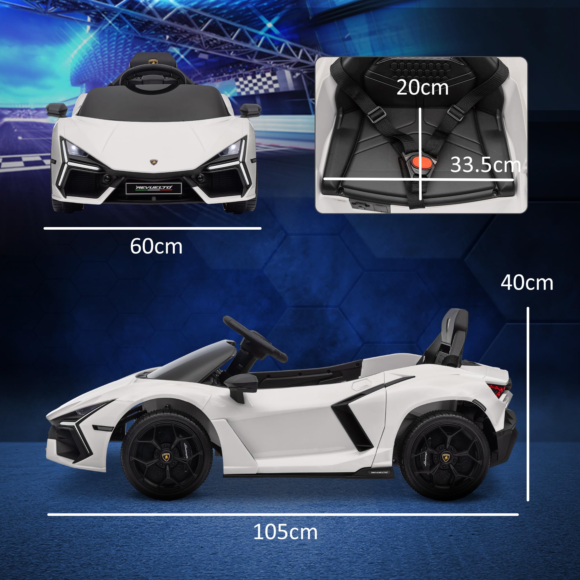 AIYAPLAY Macchina Elettrica per Bambini 12V Lamborghini Revuelto, Bianco | 3-5Anni, 3-5km/h, Auto Elettrica per Bambini, Porte a Farfalla, 2 Motori, Sospensioni, Telecomando, Musica, Rotelle, Fari