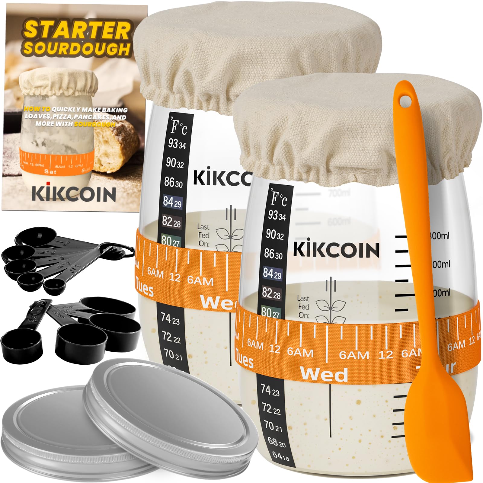 Kikcoin Sourdough Starter Kit, 35oz Large Capacity Sourdough Starter Jar (Set of 2) with Feeding Band, Thermometer, Stainless Steel Lid, Measuring Spoons, Reusable Sourdough Bread Baking Supplies