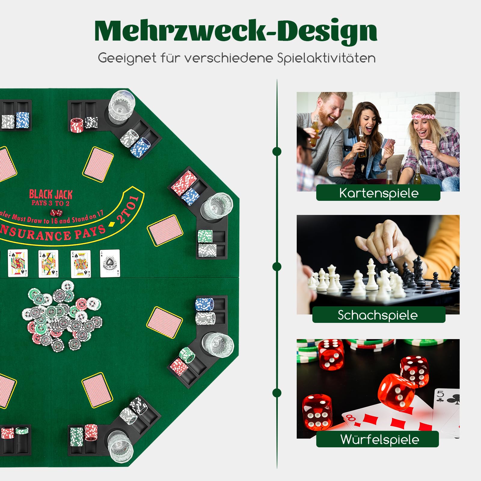 COSTWAY Texas Holdem mata do pokera, 120 x 120 cm, składana, dla 8 graczy, z uchwytami na napoje, dywan do pokera z torbą do przenoszenia, ośmiokątna, zielona