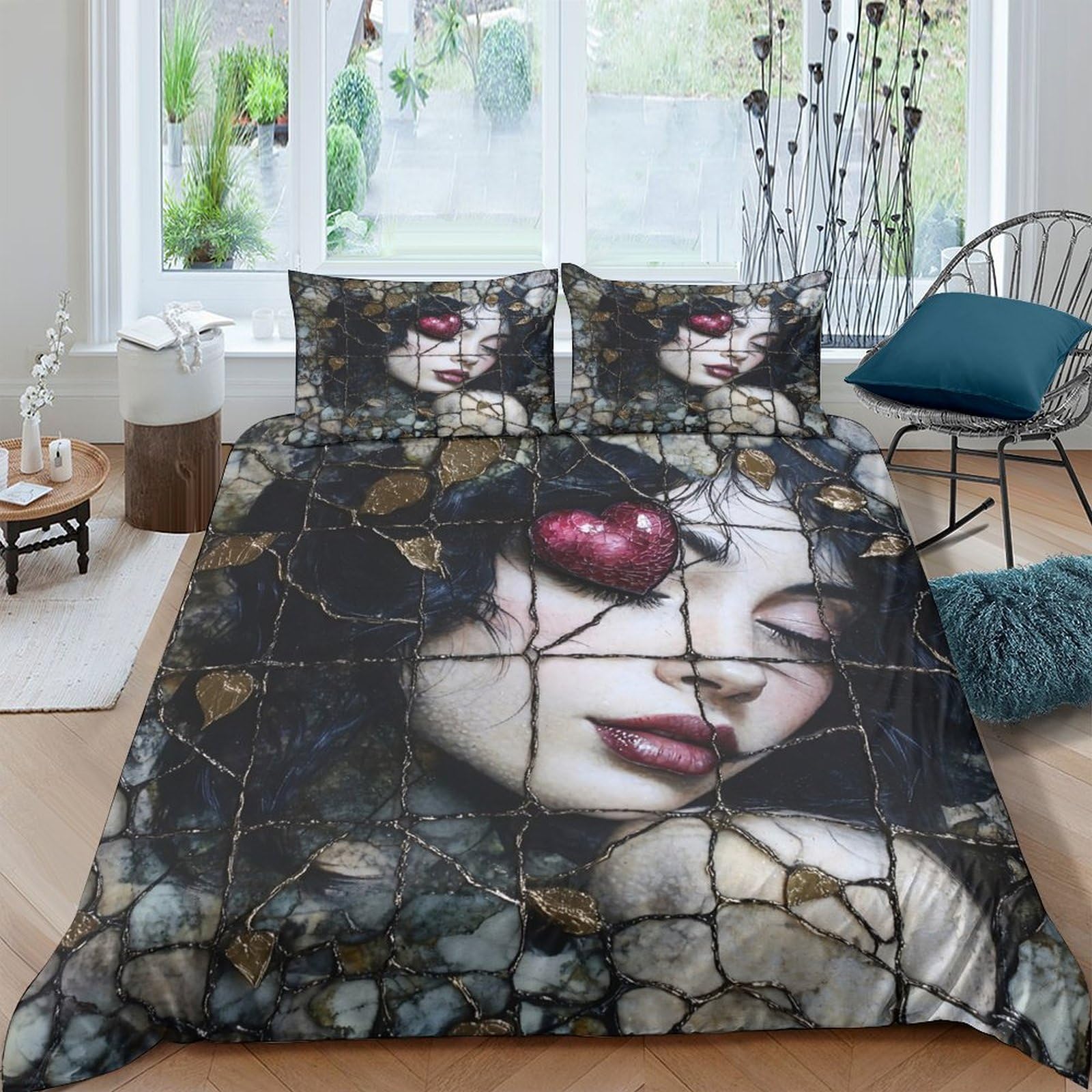 Ctjqhvkz Style-4 3D Printed Gothic Art Fitted Sheet Microfiber Soft Face Heart Mattress Cover For Bedroom Dorm Decor Protection Single（135X200cm）