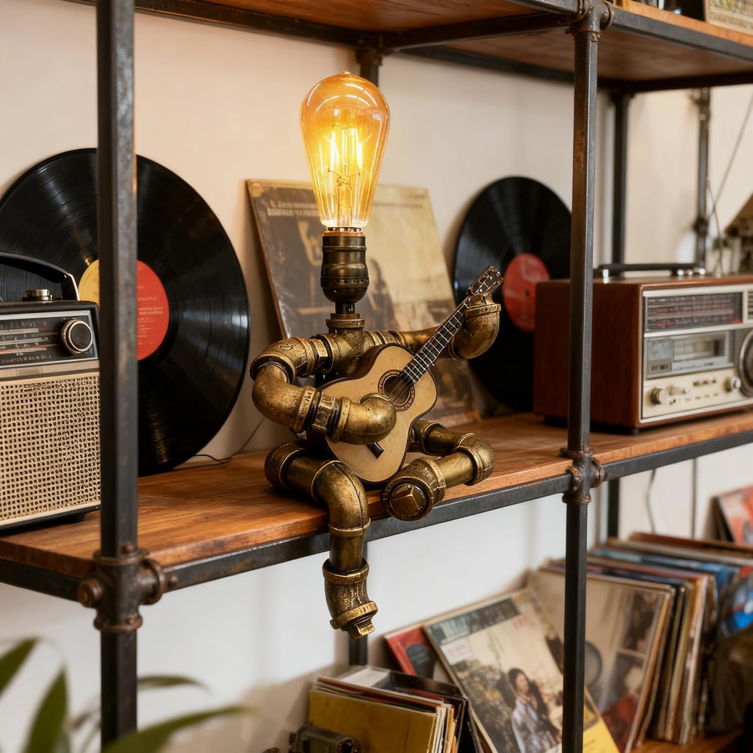 Pipe-Man Guitar-Playing Steampunk Lamp with Edison Bulb, Vintage Industrial Decor Table/Desk Lamp, Unique Handmade Gift for Music Lovers (American Style)