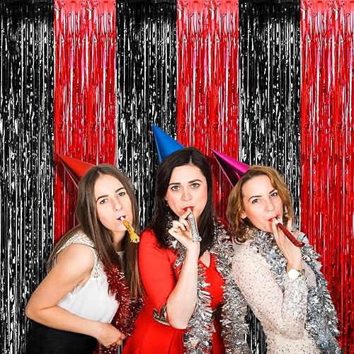 Miniatura 6 de Paquete de 4 cortinas de flecos de papel de aluminio negro y rojo de 3.2 pies x 9.8 pies como telón de fondo, cortinas de serpentinas de flecos de