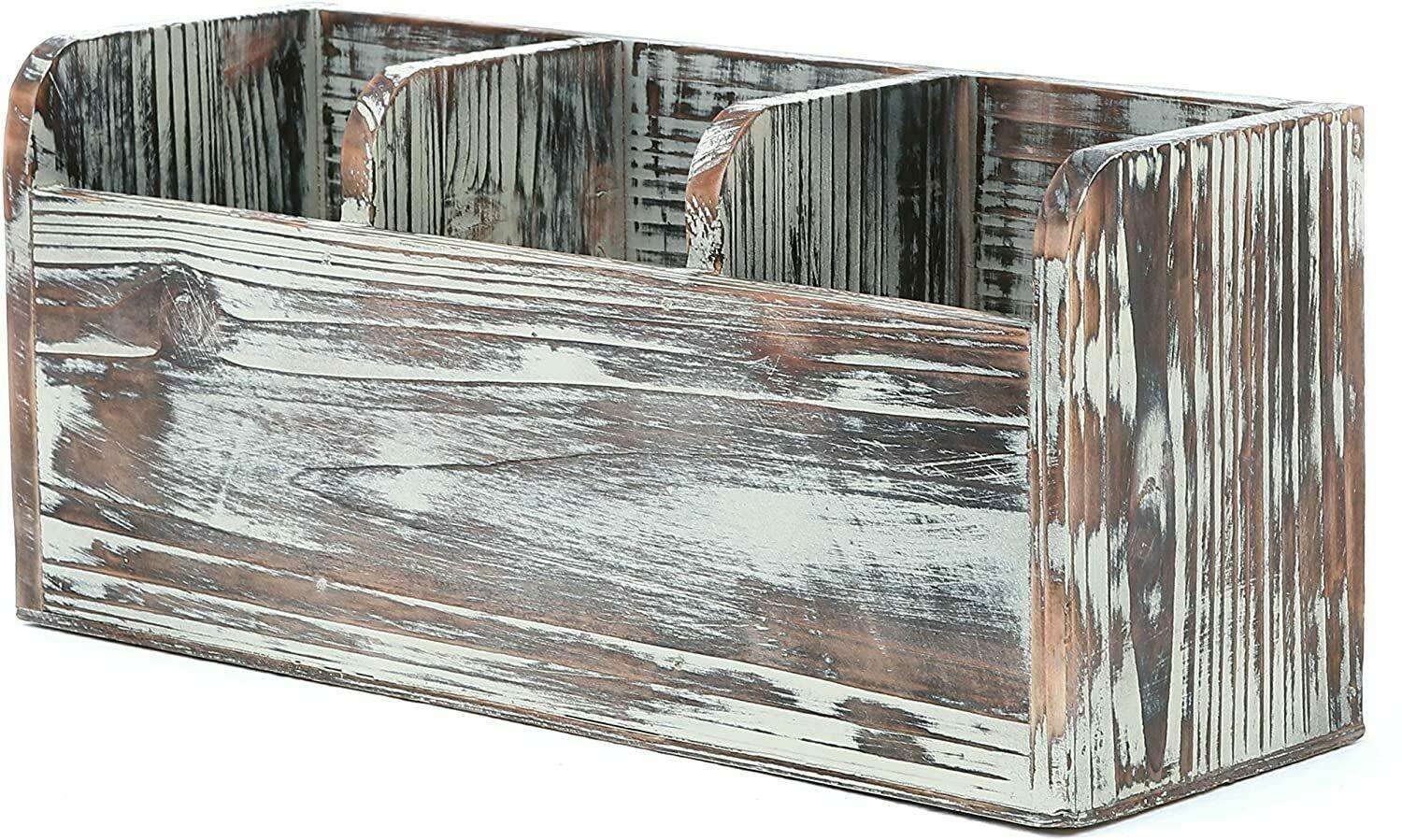 WDYB 3 Compartment Rustic Torched Wood Utensil Holder, Flatware Caddy/ Organizer Tray Kitchen drawer organizer Kitchen cabinet Storage box Utensil drawer organizer Home organization Kitchen orga