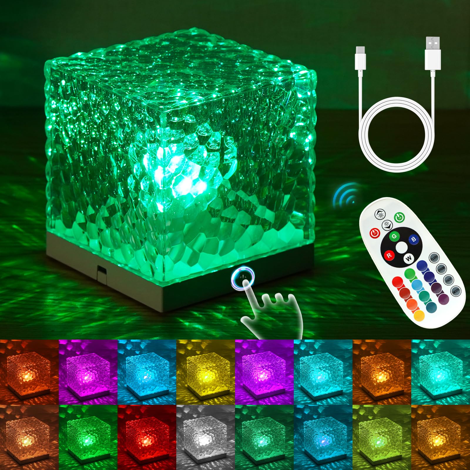 Crystal Table Lamp, Touch Remote Control Modern Magic Cube Night Light, 16 Colors Changing Diamond Lamp USB Rechargeable Bedside Light for Decorating Bedroom Living Room Dinner Bar
