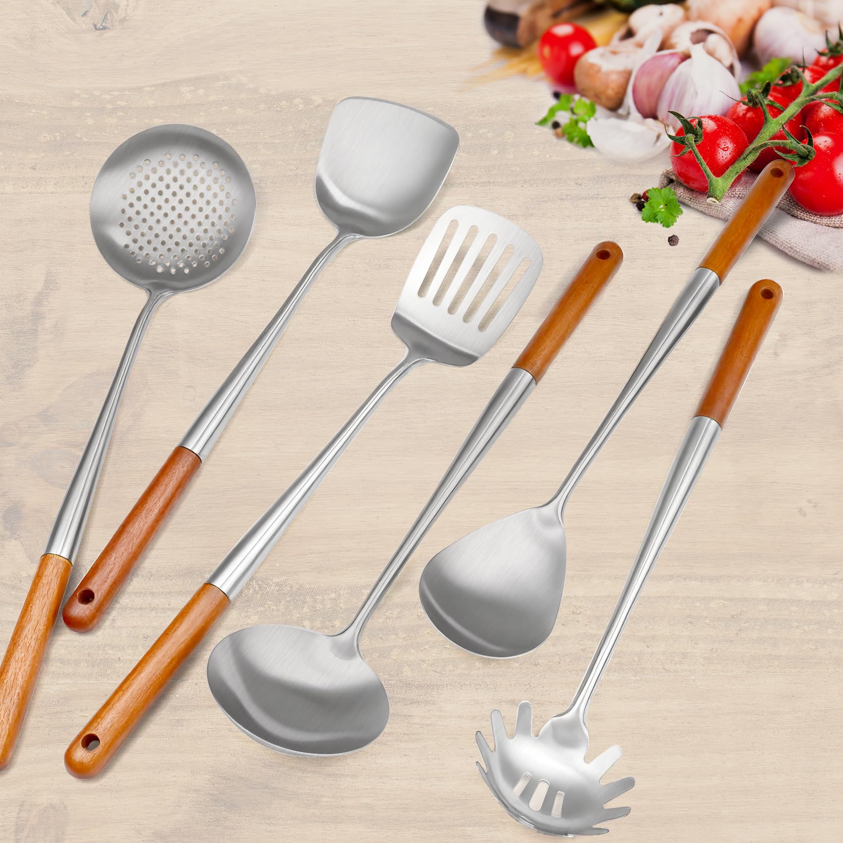 Set di 6 utensili da cucina commerciali in acciaio inox con manici in legno, set di utensili da cucina lunghi in metallo, include spatola wok, mestolo, schiumarola, spatola scanalata, cucchiaio per