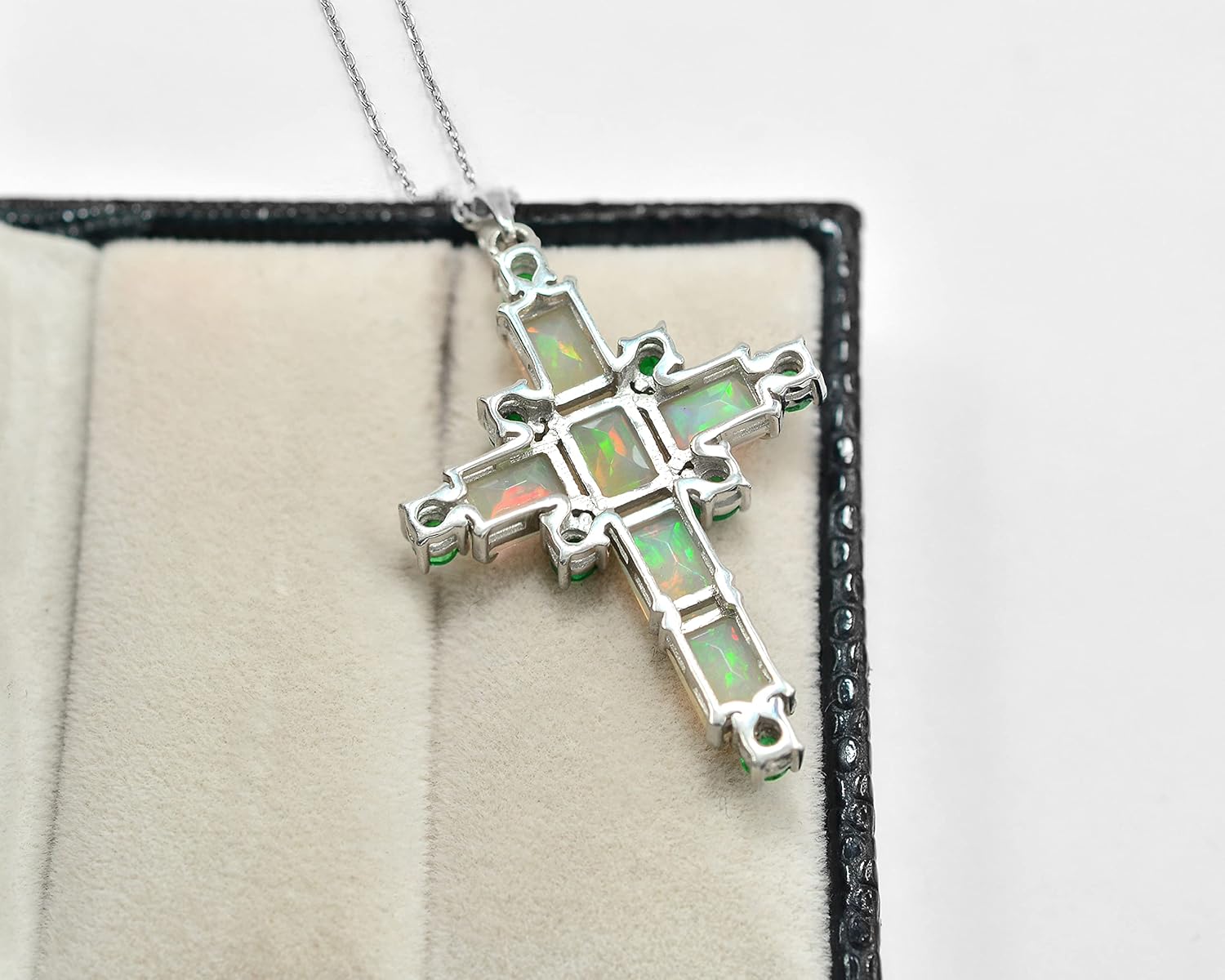 Natural Ethiopian Welo Opal Cut & Zambian Emerald Gemstone Holy Cross Pendant Necklace 925 Sterling Silver October Birthstone Women Jewelry Birthday Gift For Her (PD-8402)