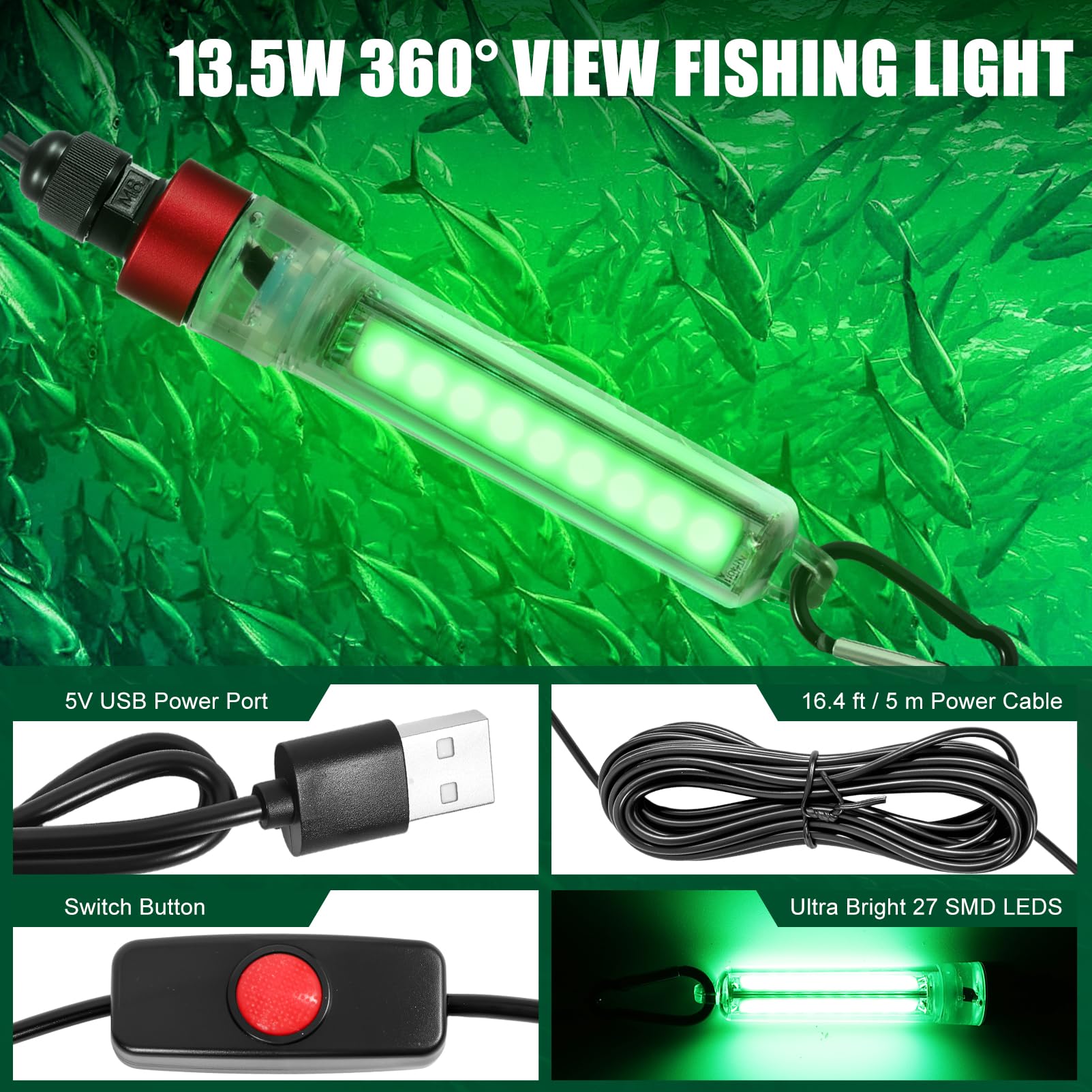 Luz de pesca verde subacuática superbrillante, luz verde LED para pesca, 12 W, 1300 lúmenes, clasificación IP68, atrayentes de luz sumergible para muelles, barcos, kayaks