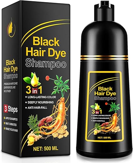 Champú Tinte para Canas 3 en 1 para Hombres y Mujeres, 500ML, Color Negro Natural y Duradero