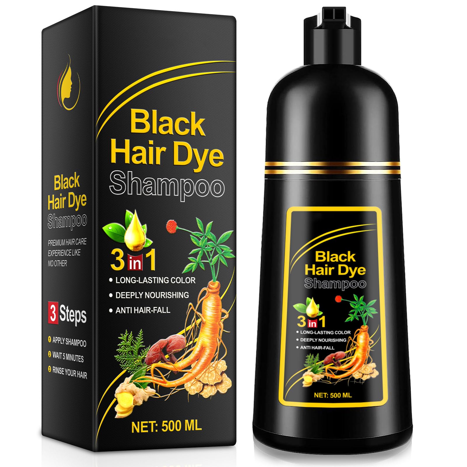 Black Hair Dye Shampoo 3 in 1 for Gray Hair 500ML Instant Hair Color Shampoo for Men & Women - Color Shampoo for Dark Hair Colors in Minutes Long