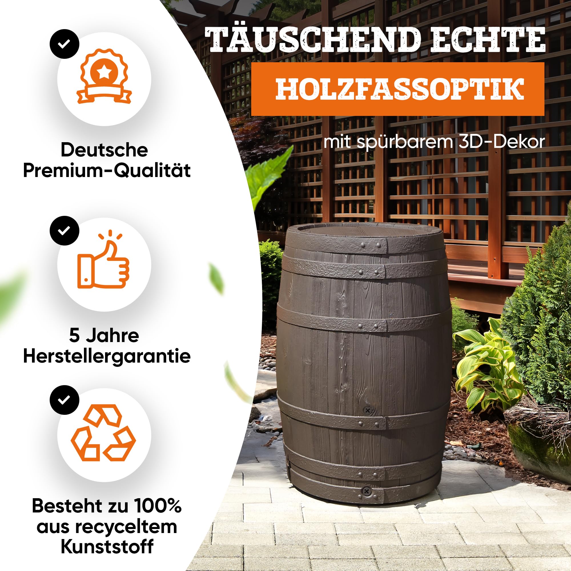 GARANTIA BARRICA Regentonne 420 Liter braun rustikale Holzfassoptik | mit abnehmbarem Deckel UV-beständiger Recycling-Kunststoff für den Garten integrierte Gewindeanschlüsse zur Wasserentnahme