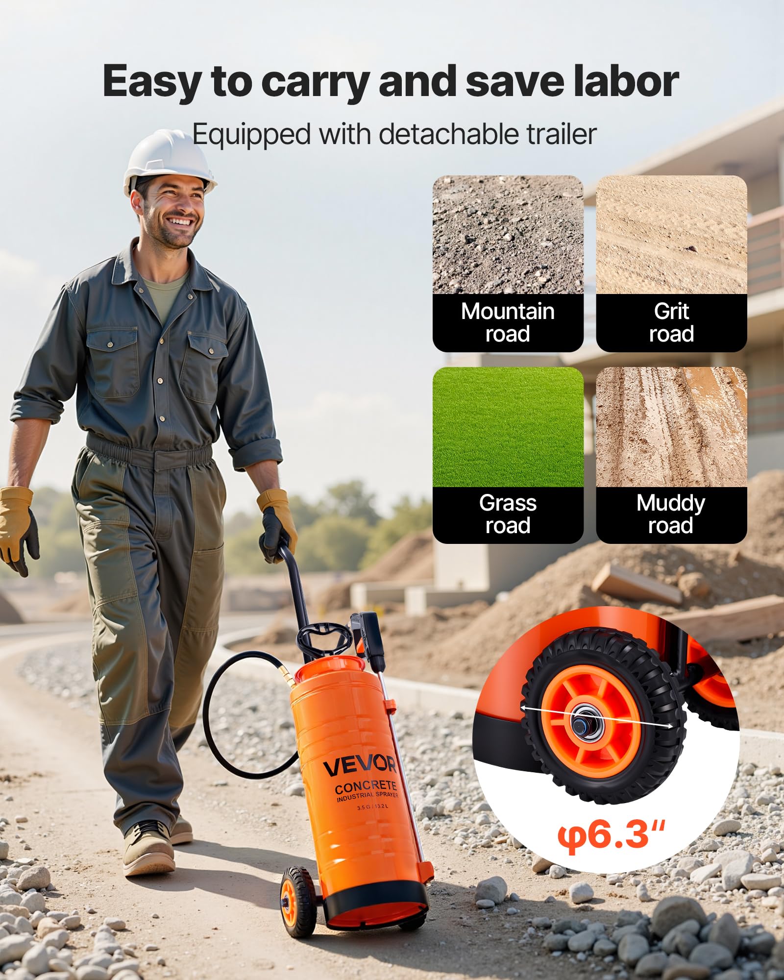 VEVOR Pulverizador de Hormigón Industrial con Carro, Pulverizador de Acero Inoxidable de Aprox. 13,2 L, Presión de 25-60 PSI, Depósito 24 x 21 x 68 cm, 2 Boquillas de Latón, para Construcción, Jardín