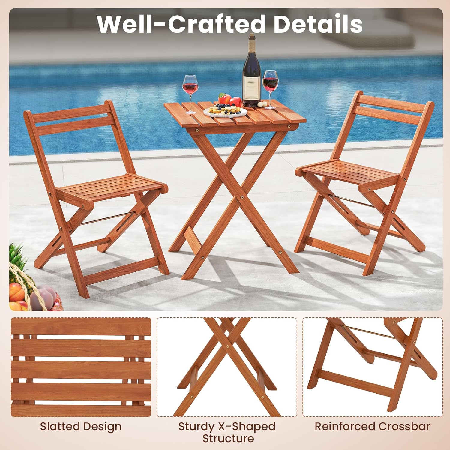 Tangkula 3 Pieces Solid Wood Patio Bistro Set with 2 Folding Chairs, Outdoor Table and Chairs Set, Balcony Furniture Set, Small Patio Set for Porch, Deck, Garden and Backyard