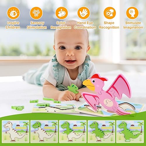 Miniatura 4 de Rompecabezas para niños, 6 unidades de rompecabezas de dinosaurio de madera para niños 1 2 3 4 5 años, juguetes educativos preescolares regalos para