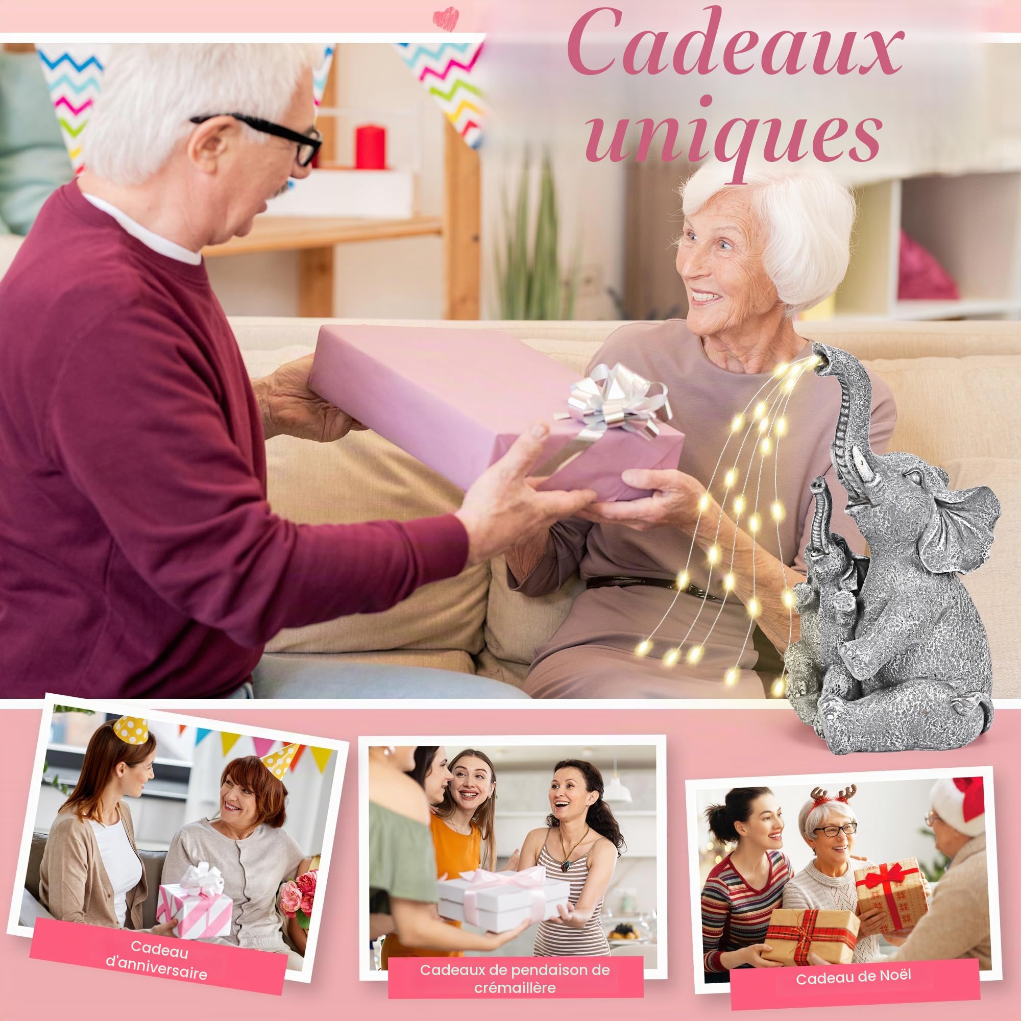 GIGALUMI Statues solaires de Jardin en Forme d'éléphant pour extérieur, Cour, décoration de Jardin, Cadeaux Uniques pour Maman, pour Femme, décoration d'éléphant pour terrasse