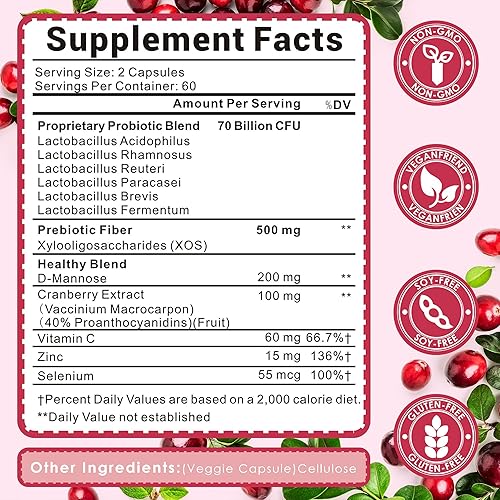 Miniatura 2 de Probióticos vaginales para mujeres, 70 mil millones de UFC para la salud vaginal, equilibrio de pH, tracto urinario, digestivo con prebióticos,