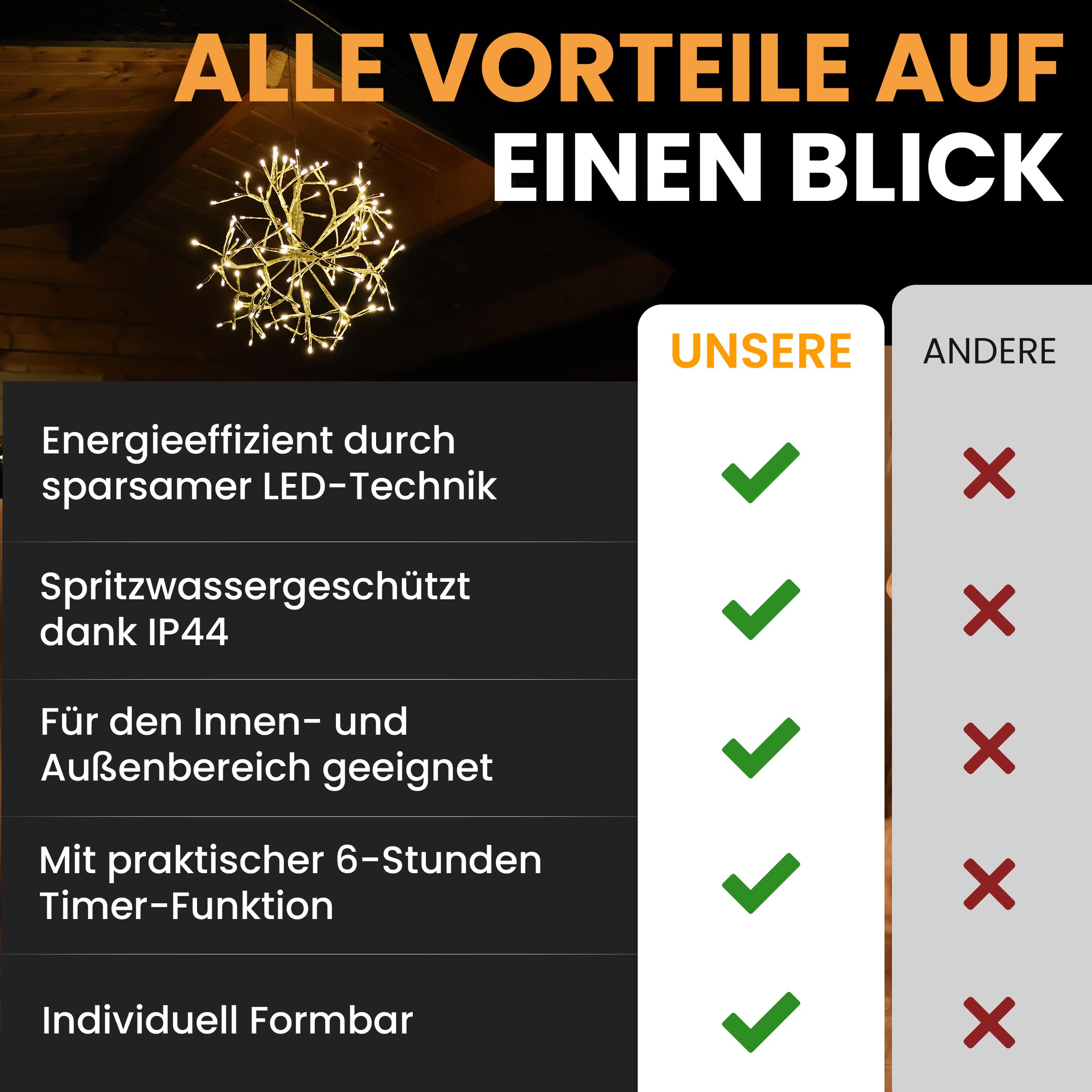 Gartenpirat LED Goldstern Ø 45 cm warmweiß beleuchtet 120 LED mit Timer-Funktion hängende Weihnachtsdeko mit Befestigung für Innen & Außen