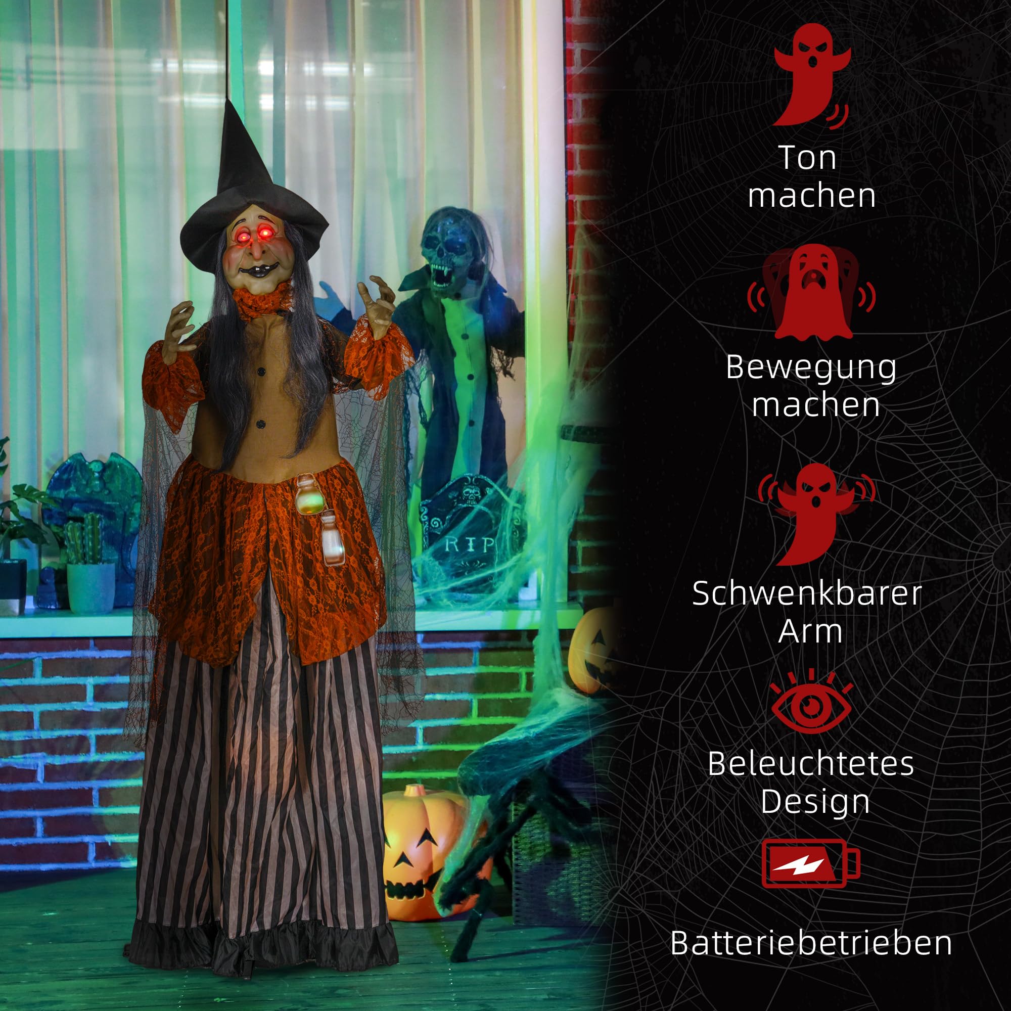 HOMCOM 183cm Halloween Dekoration Halloween-Hexe mit LED-Lichter