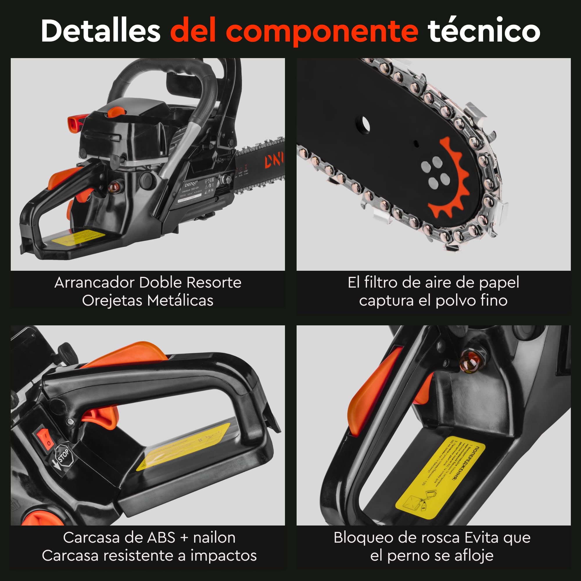 Motosierra de Gasolina, 45 cc, 1,8 kW (2,4 HP), Espada 40 cm (16"), Motor 2 Tiempos, Easy Start, Antivibración, Lubricación Automática y Freno de Cadena - DSG-45HE