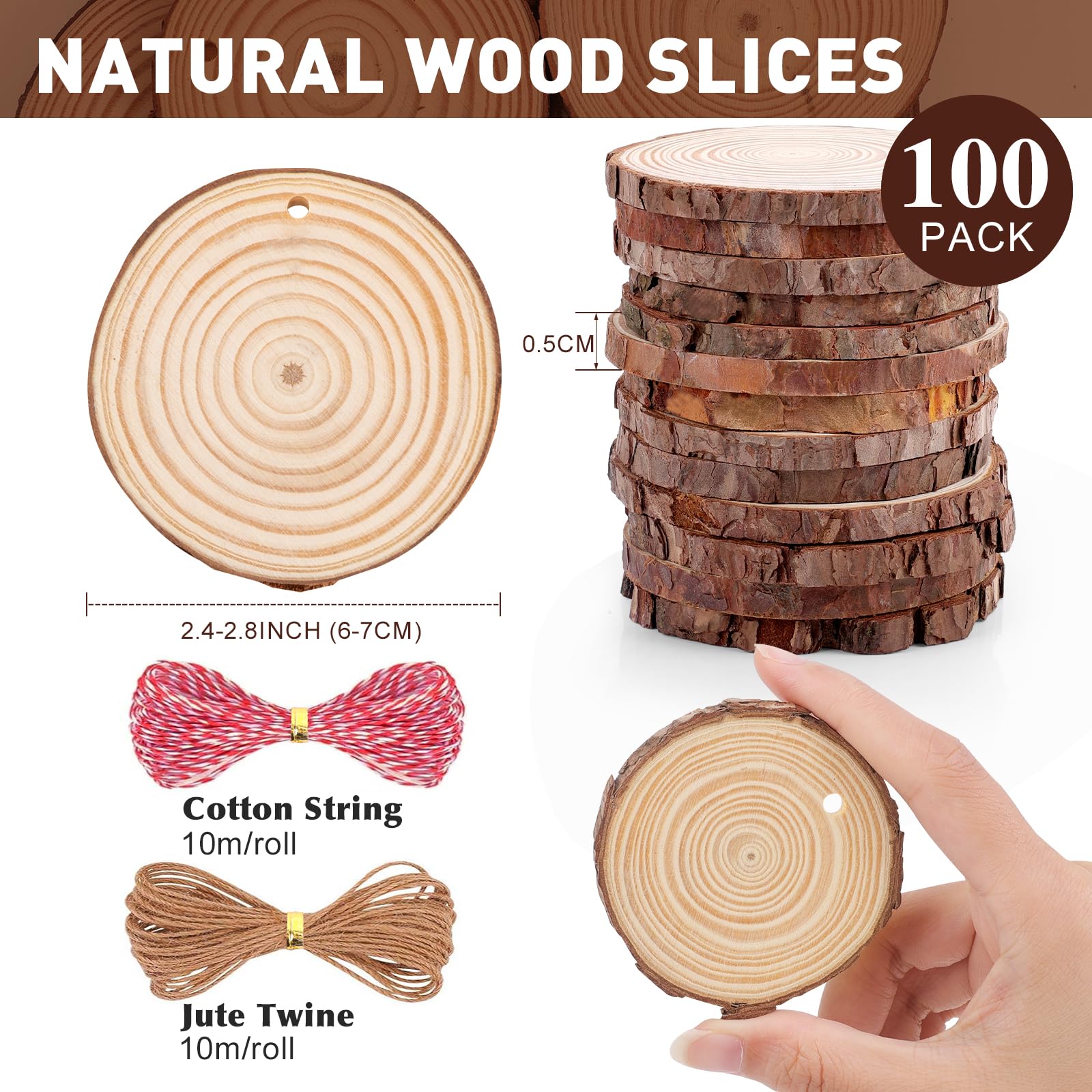Paquete de 100 rodajas de madera para manualidades, 2.4-2.8 pulgadas de madera natural sin terminar con corteza de árbol. Círculos de madera preperforados con agujero y cuerda de 20 m para decoración