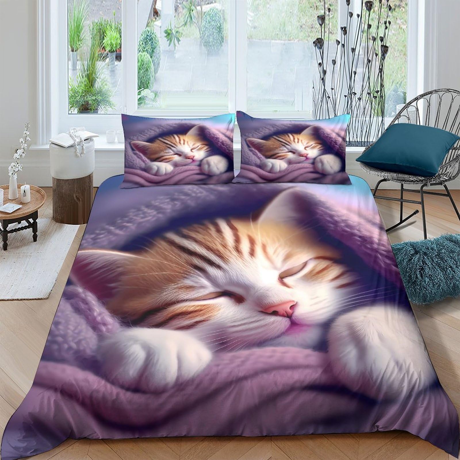 Ctjqhvkz Style-6 3D Printed Sleeping Cat Fitted Sheet Microfiber Soft Purple Blanket Bed Cover For Bedroom Dorm Mattress Decor Single（135X200cm）