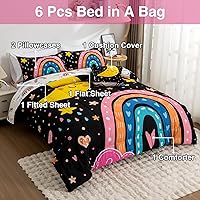 Vista 3 de A Nice Night Juego de ropa de cama de 6 piezas de arcoíris de dibujos animados con luna sonriente impresa para niños y niñas, juegos de edredón