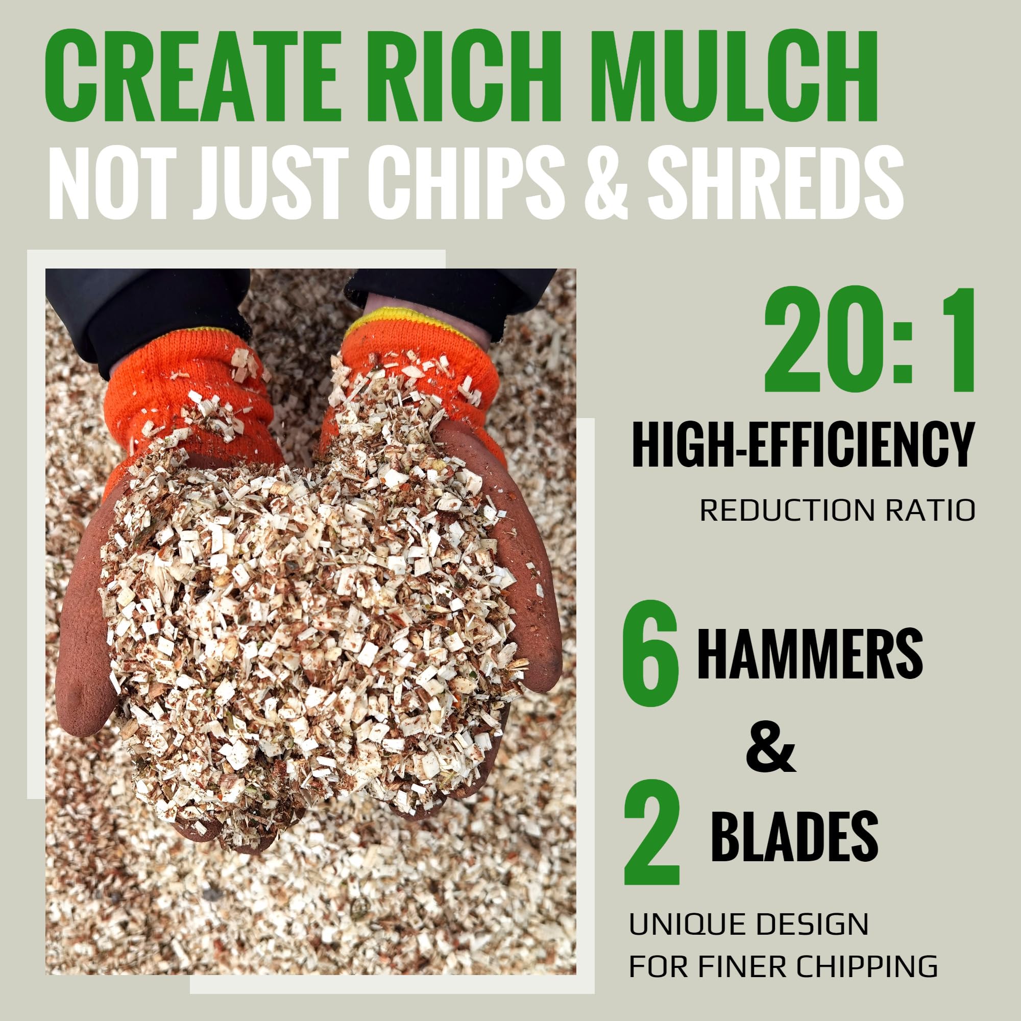 GARDENBEAUT S1 Wood Chipper, 20: 1 High Reduction Ratio, 7 HP 212cc Heavy Duty Engine Gas Powered, 3