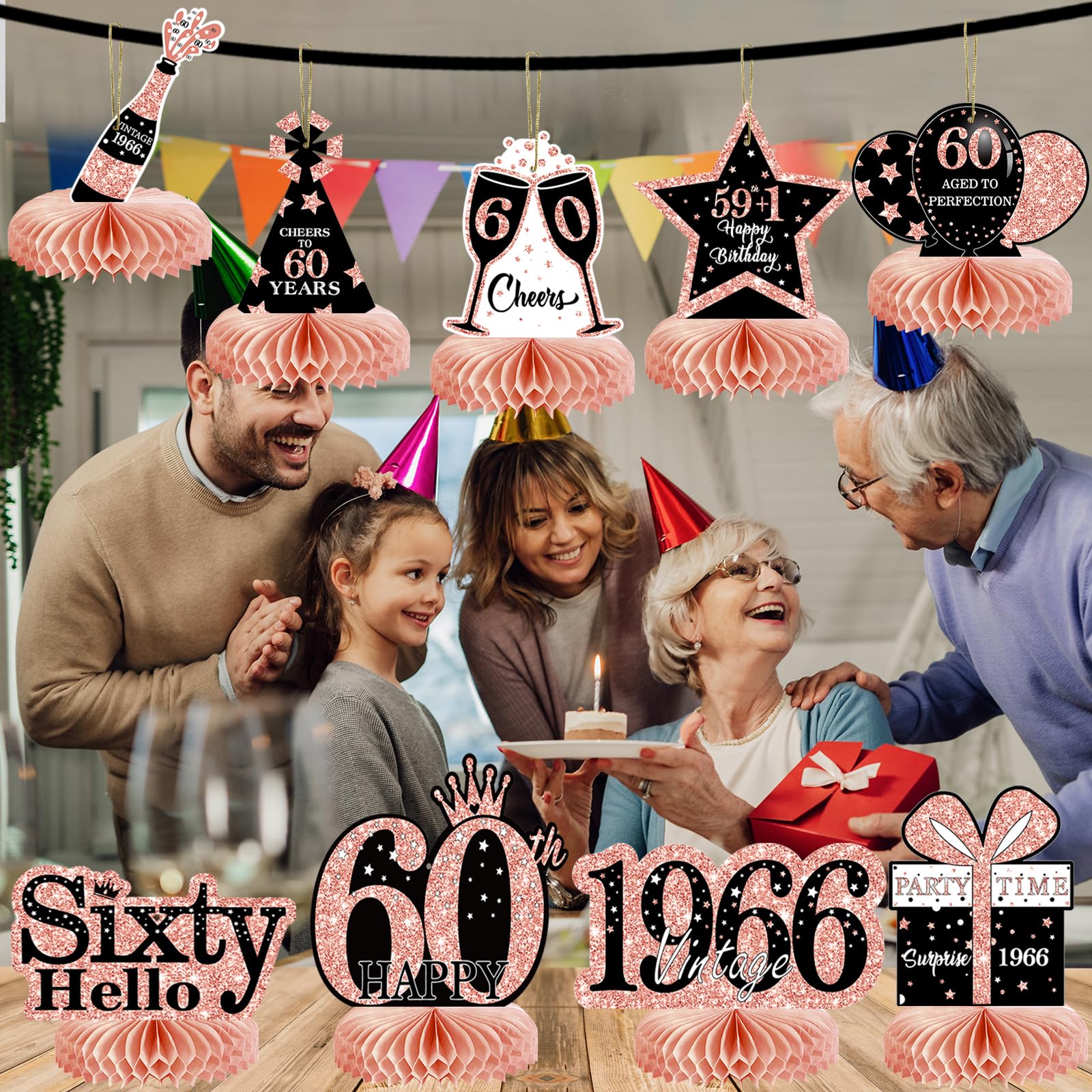 9pcs 60th Birthday Decorations for Men Women Black Gold 60th Birthday Centerpieces for Tables Decorations Sixty Years Birthday Party Decoration Supplies