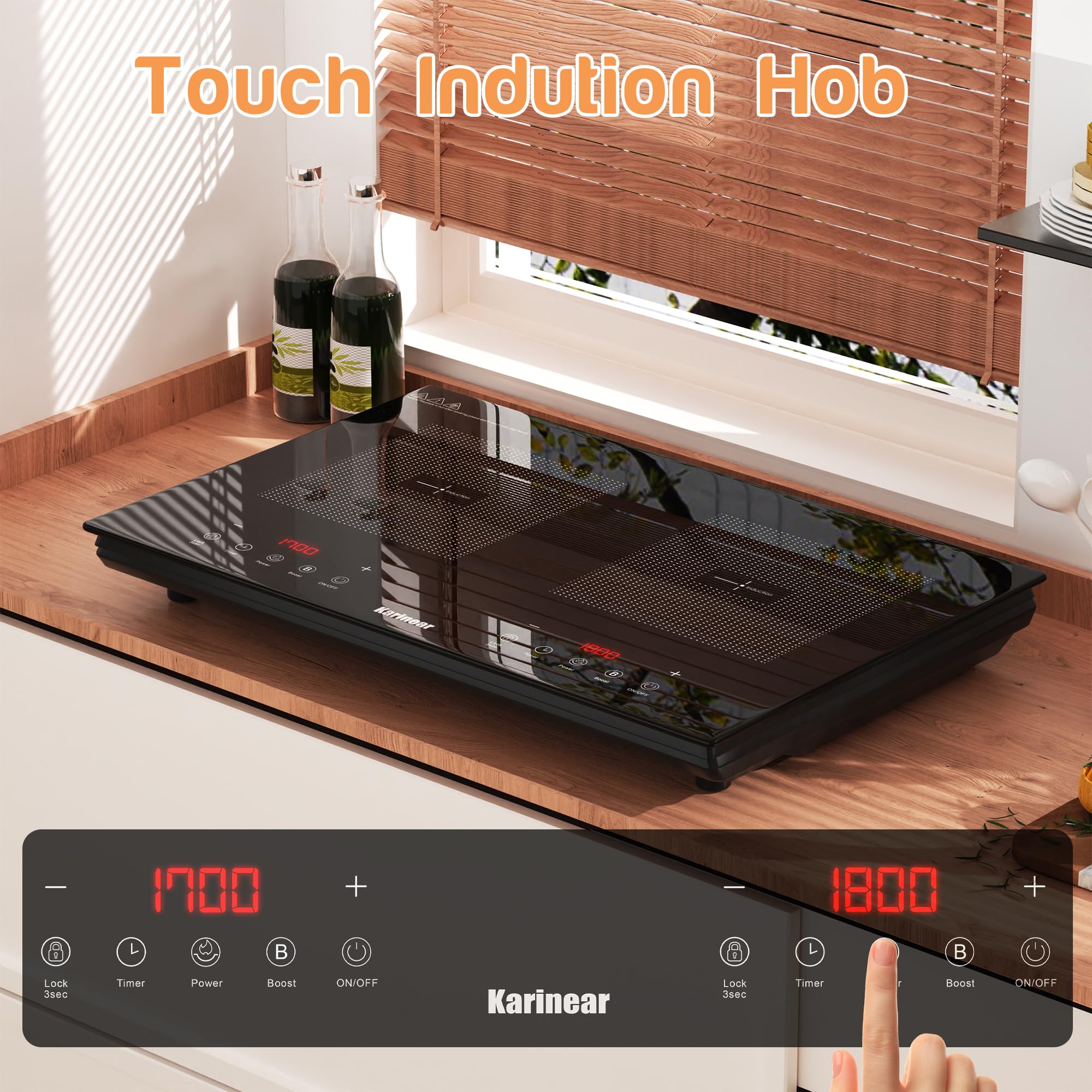 Karinear Double Induction Hob, Upgrade Induction Cooker Touch Contol 9 Powe Level, 3500W 4H Timer, Safety Lock (1 Unit) for kitchenette, RVS, Camping — view 5