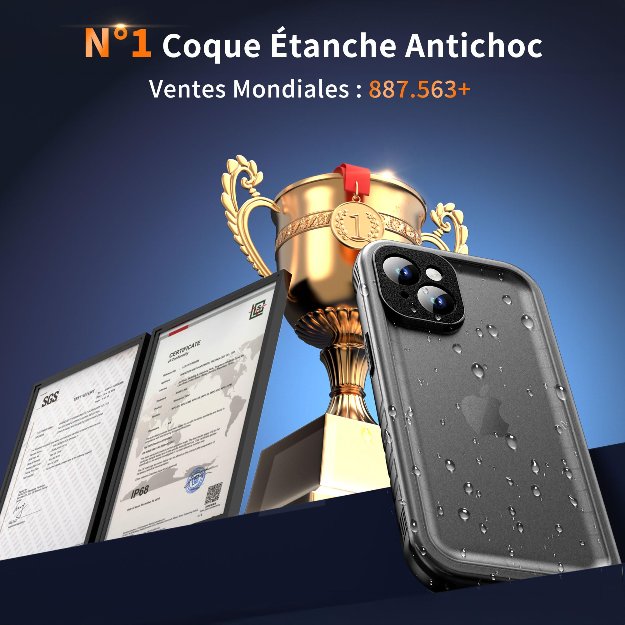 Cozycase Coque pour iPhone 15 Etanche Antichoc - 360 Integral Incassable Militaire Super Résistante Housse IP68 Waterproof Chantier Anti Choc Eau Poussière Coque Case et Protection Ecran/Camera-Noir