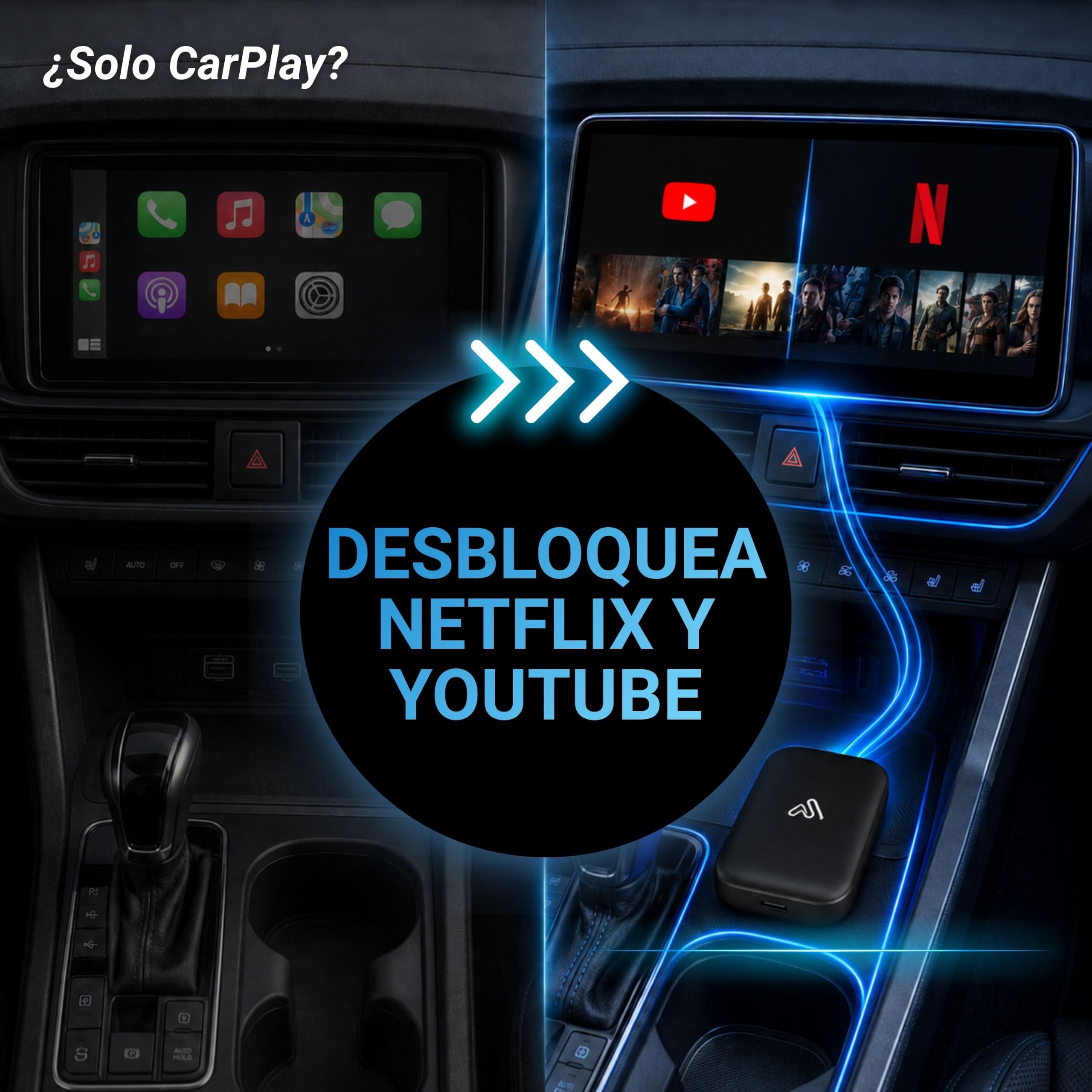 AutoSky Ai Box Lite Air - Streaming on The Go, Netflix y Youtube en tu Coche. Convierte tu CarPlay con Cable en CarPlay inalámbrico o Android Auto