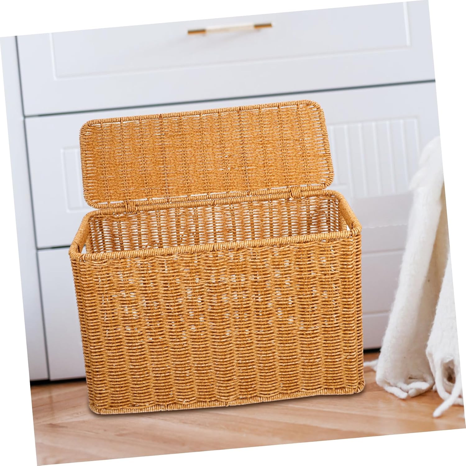 Kichvoe Woven Storage Basket with Lid and Handle Portable Sundries Organizer for Magazines and Items Stylish Decorative Basket for Home and Office Use Narrow Design