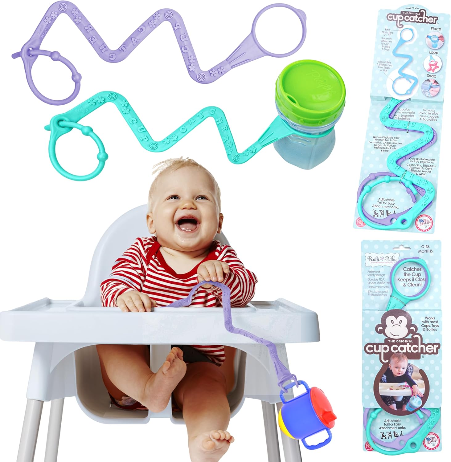 Brilli Baby Cup Catcher Patented Safety Tether Strap, Attach Sippy Cups, Bottles, Pacifiers & More to Stroller, High Chair, Car Seat, Made in USA, Food Grade, Dishwasher Safe, Lavender/Aqua