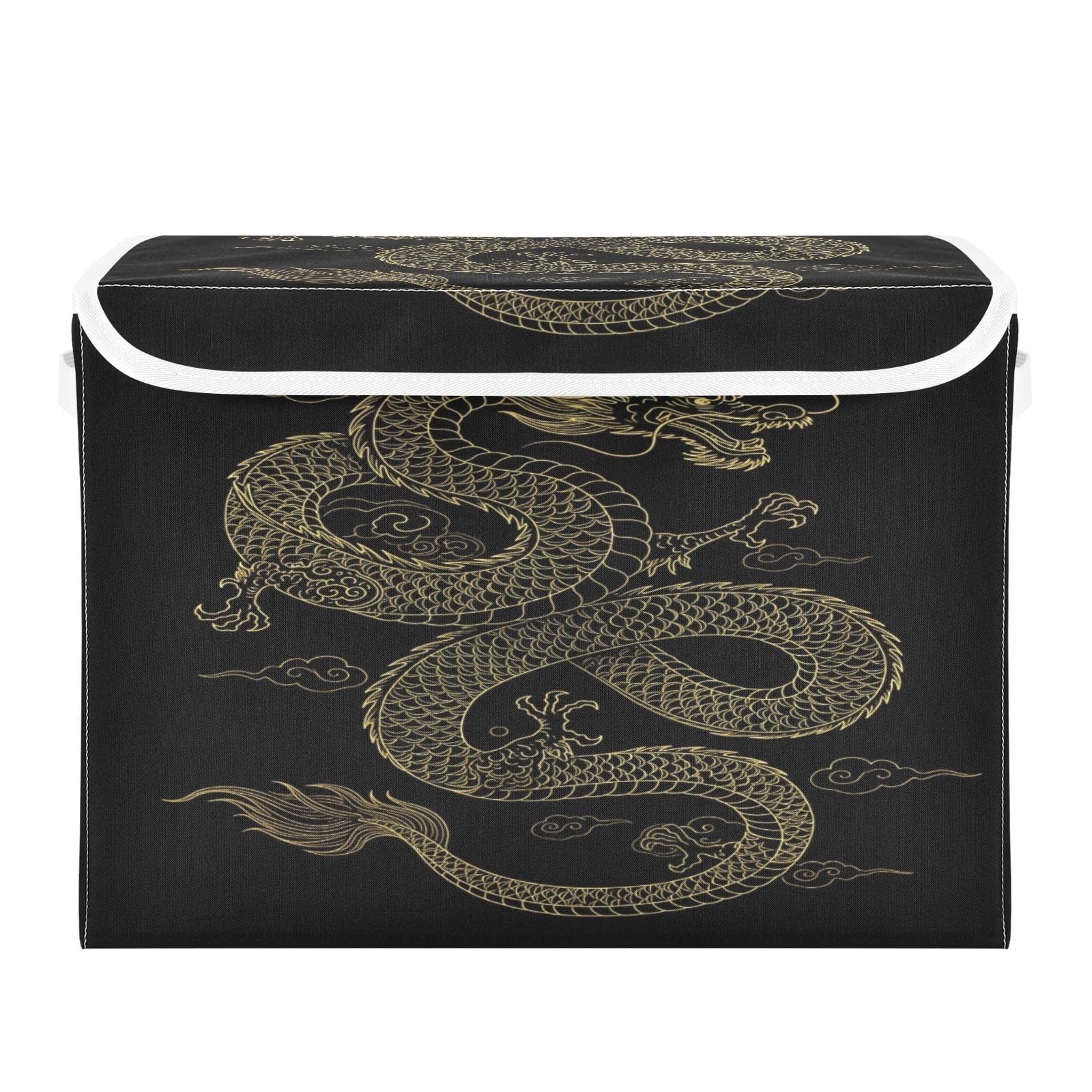Ewusp Dragon Fabric Storage Bin with Lid, Decorative Foldable Storage Basket with Handles, Stackable Closet Shelf Organiser Box for Clothes, Books, Bedroom, Living Room