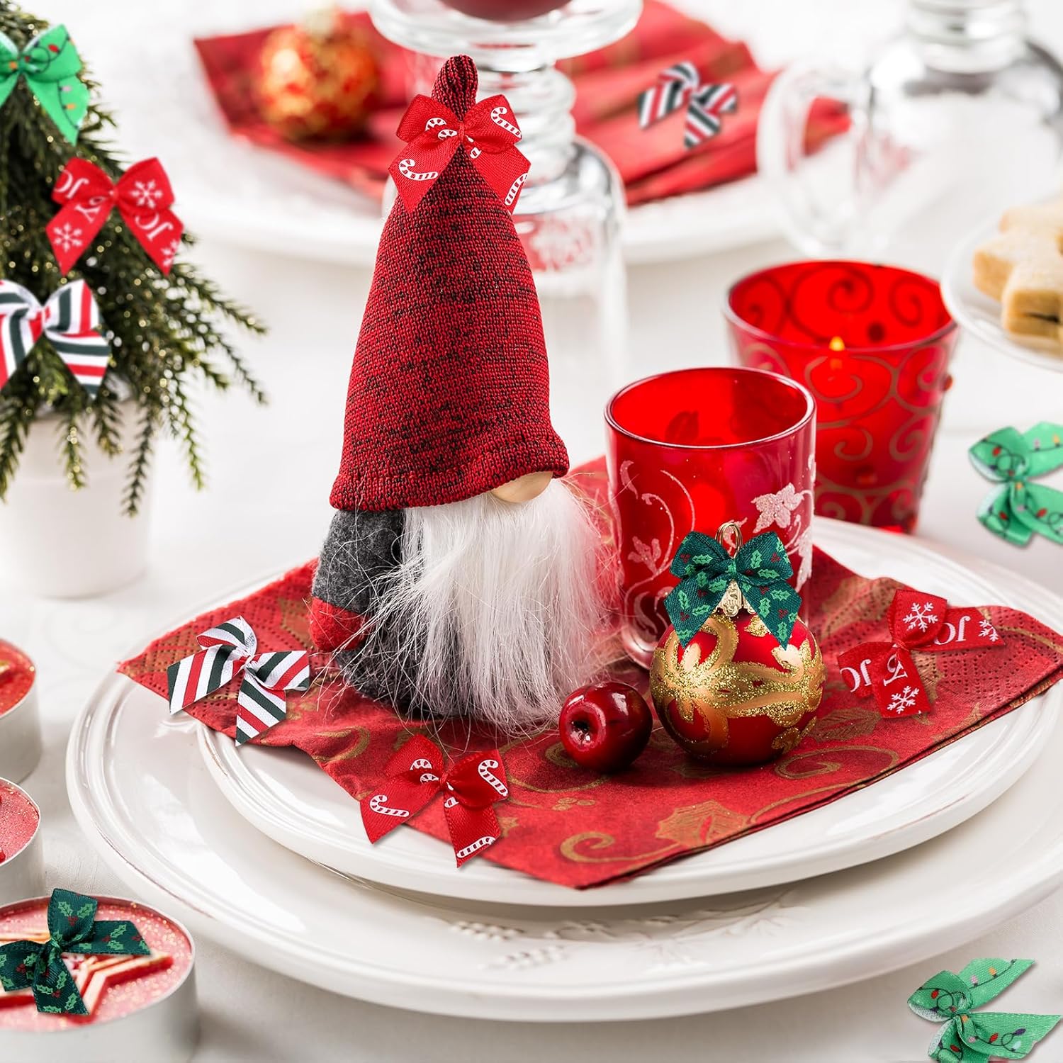 Syhood 150 Pcs Winter Mini Bow Tiny Twist Tie Bow Handmade Craft Ribbon for DIY Sewing Party Decor(1 Inch,Classic) - Image 5