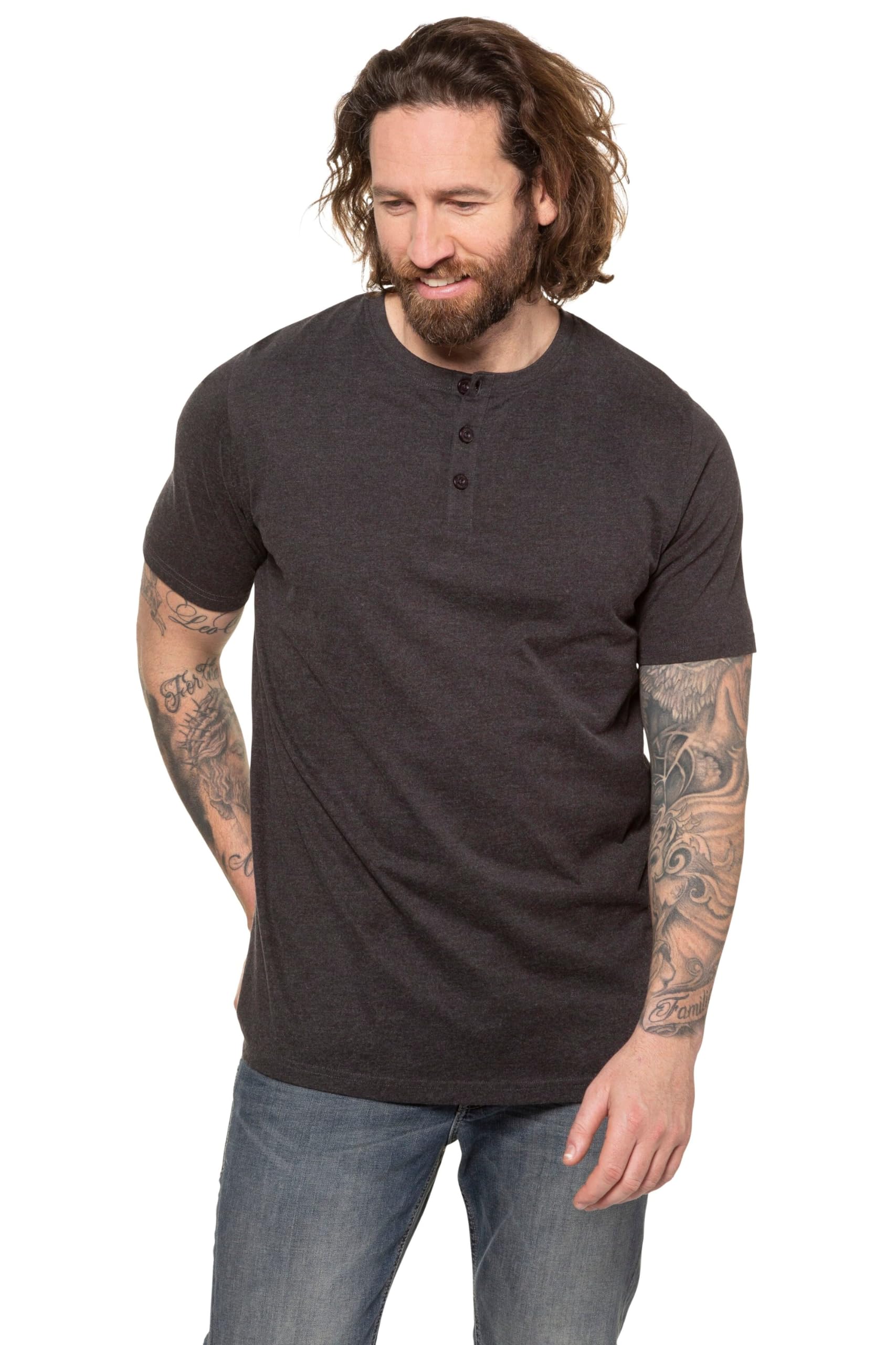 JP 1880 Men's Large Sizes Plus Sizes Menswear L-8XL JP1880 Henley, Basic, Button Placket, Half Sleeve, up to 7 XL 726695, Charcoal, 7XL