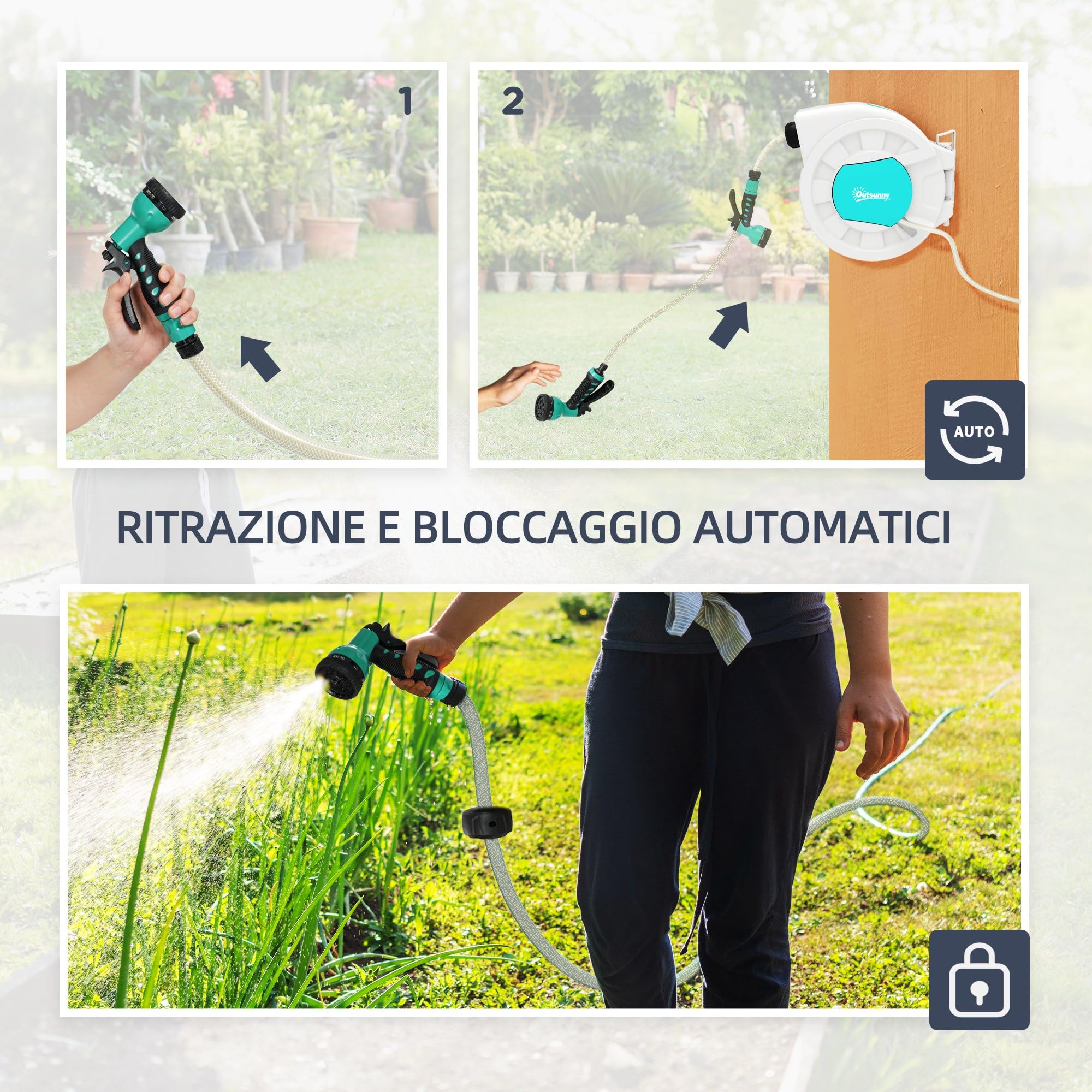 Outsunny Avvolgitubo da Giardino Retrattile con Tubo dell'Acqua 25+2 m, Avvolgitubo da Parete Girevole a 180°, Avvolgitubo Automatico con Blocco e 7 Getti per Irrigazione in PP, Verde e Grigio Chiaro